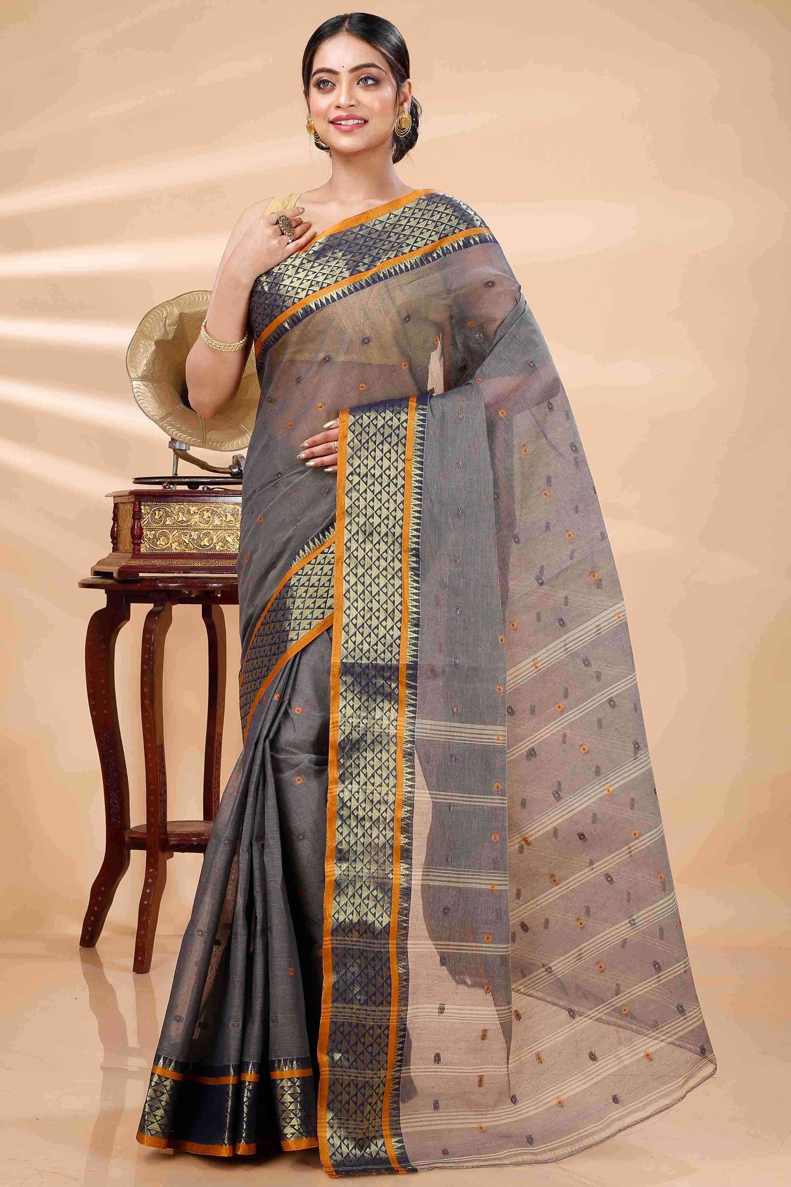 Grey Pure Cotton Peral Tant Saree (1385)