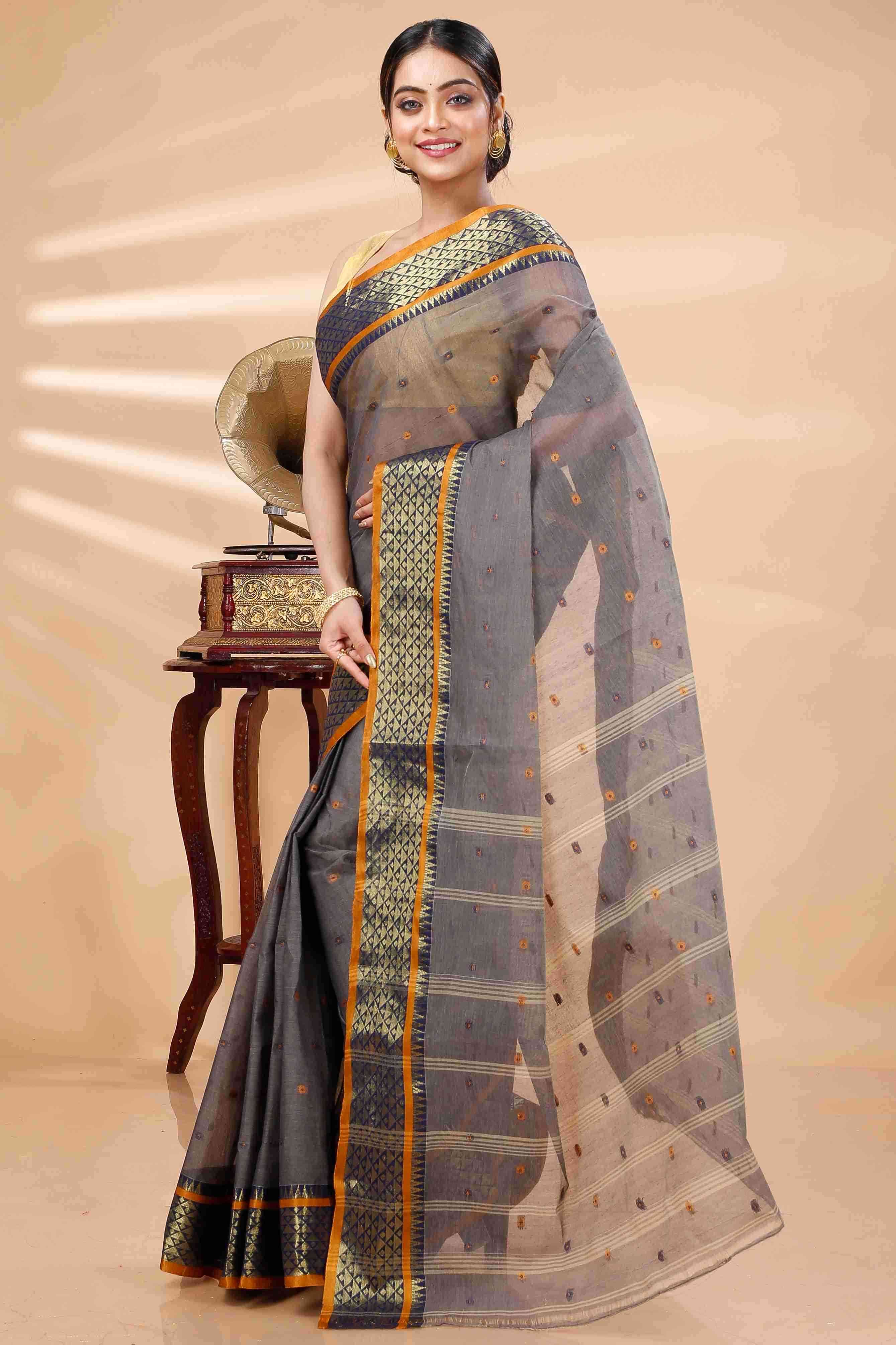 Grey Pure Cotton Peral Tant Saree (1385)