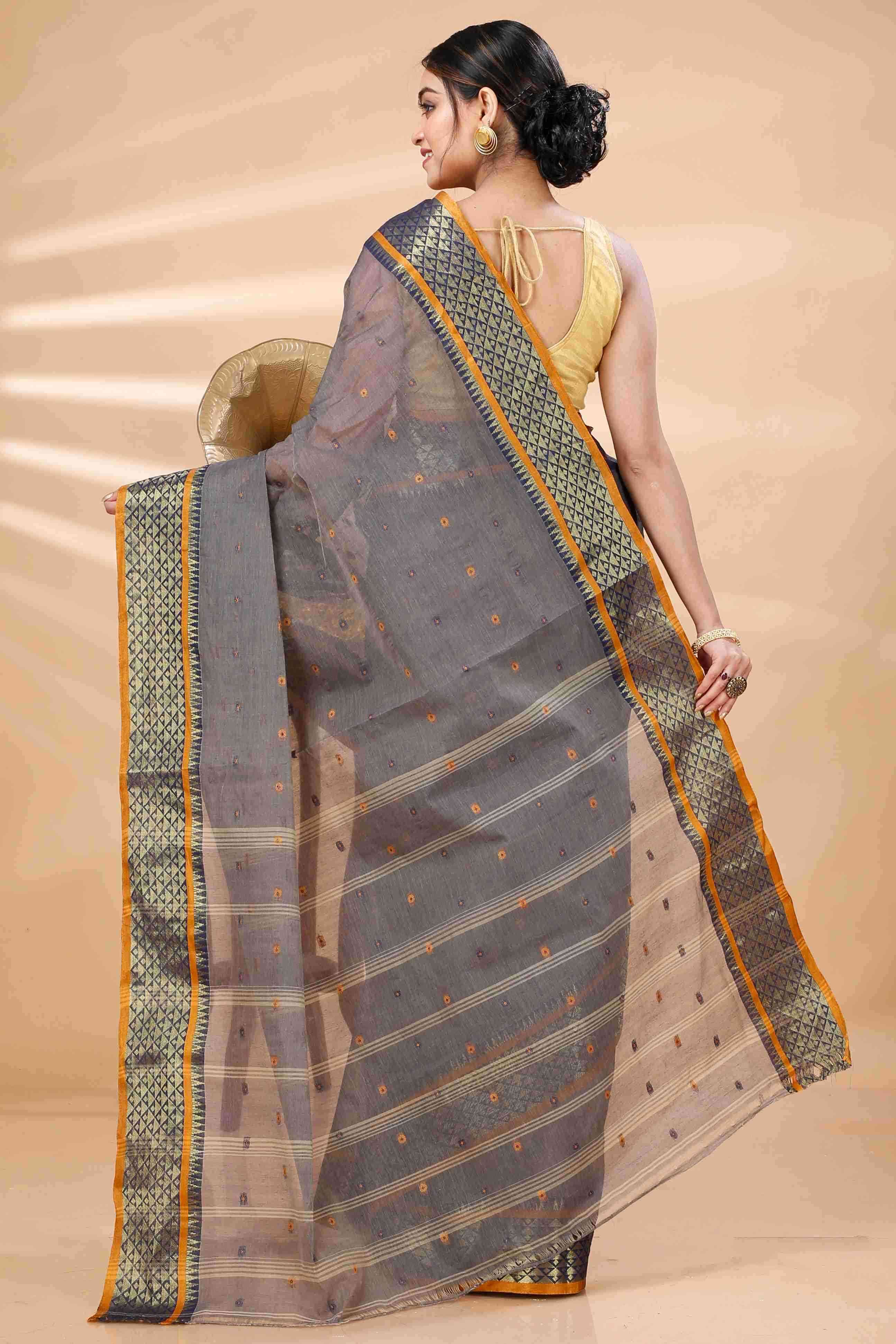 Grey Pure Cotton Peral Tant Saree (1385)