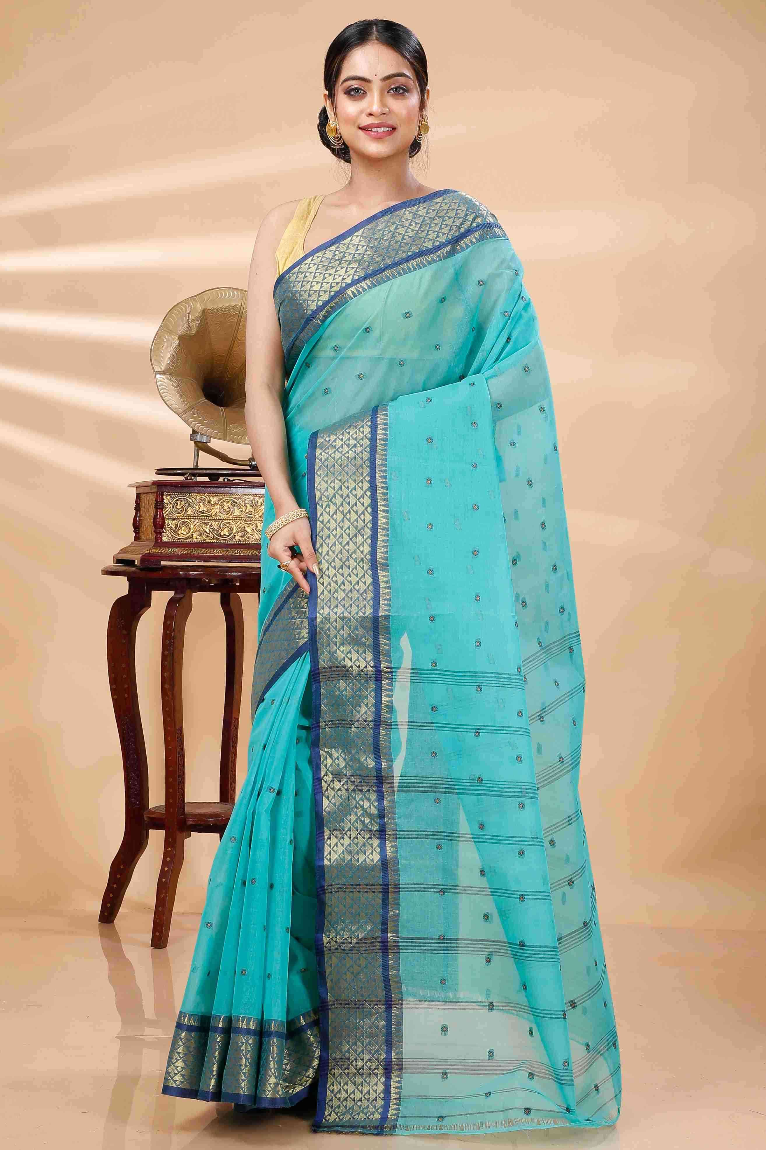 See Green Pure Cotton Peral Tant Saree (1386)