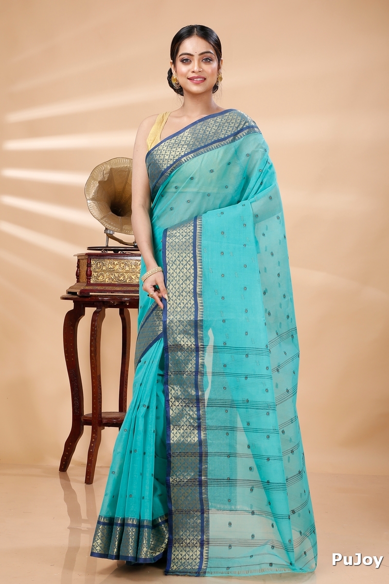 See Green Pure Cotton Peral Tant Saree (1386)