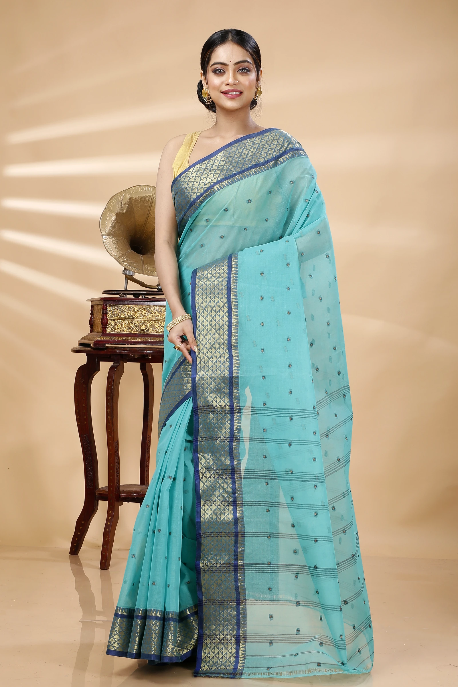 See Green Pure Cotton Peral Tant Saree (1386)