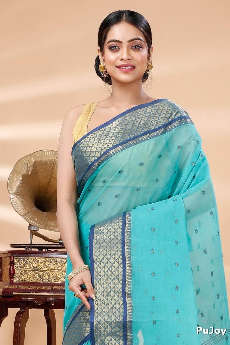 See Green Pure Cotton Peral Tant Saree (1386)