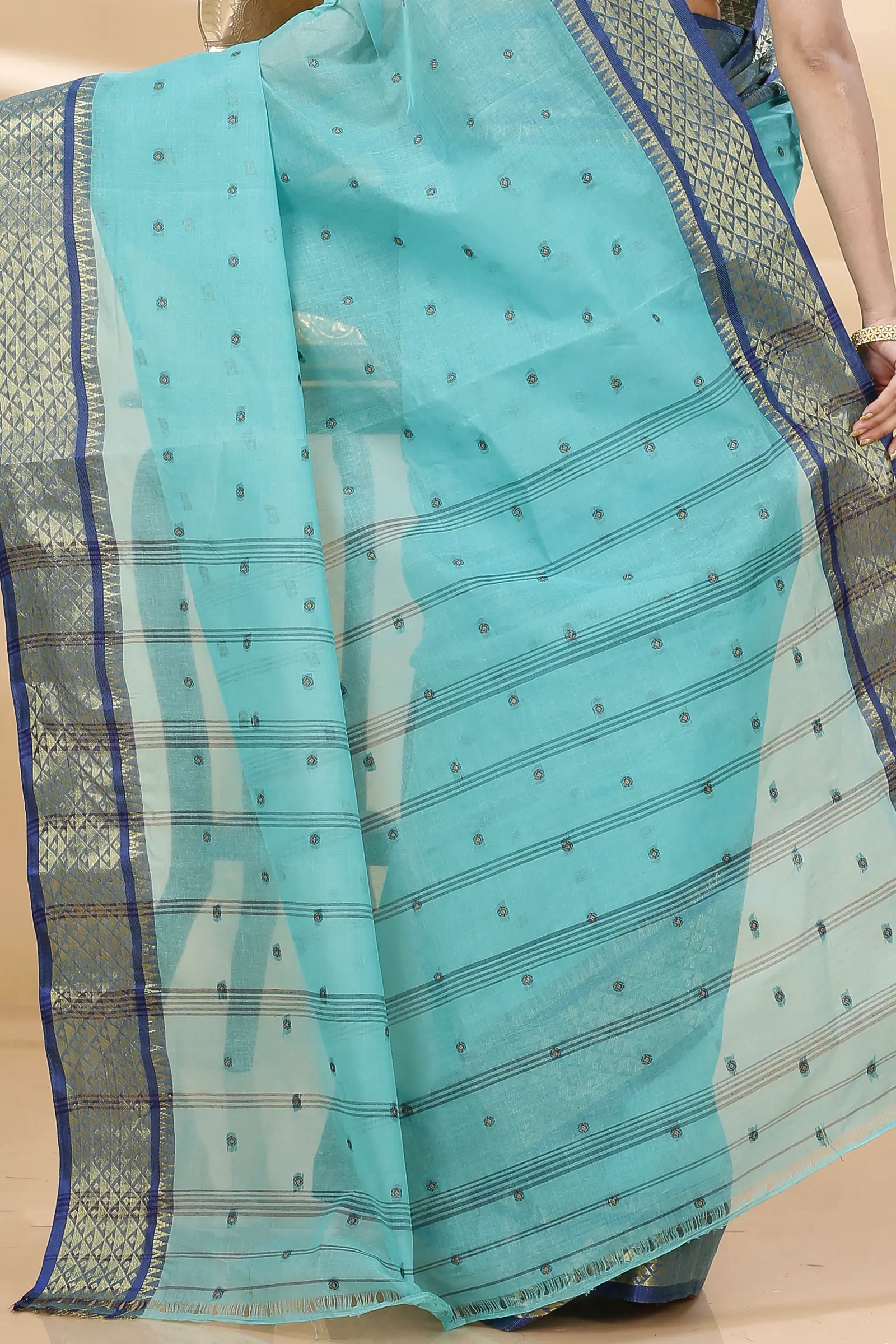 See Green Pure Cotton Peral Tant Saree (1386)