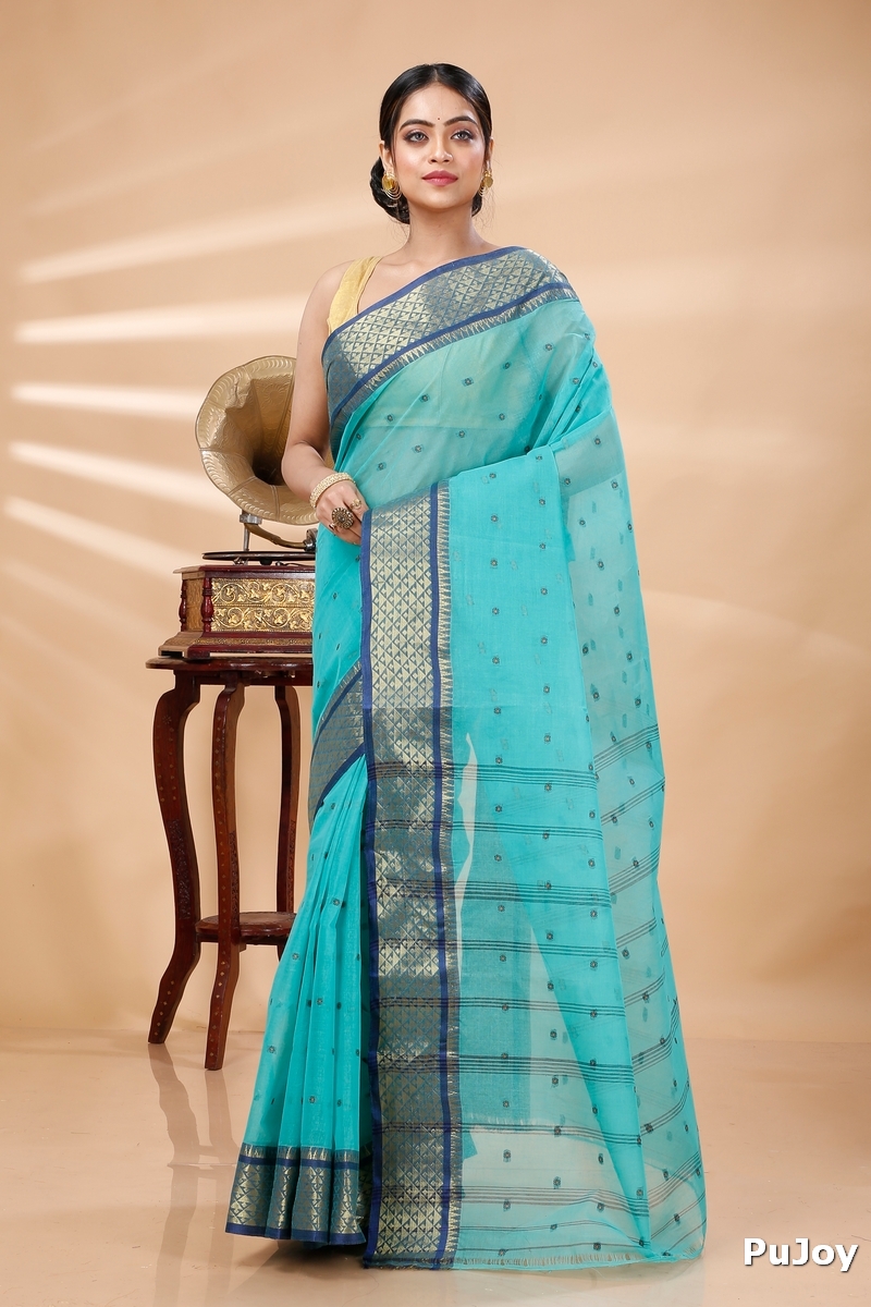 See Green Pure Cotton Peral Tant Saree (1386)