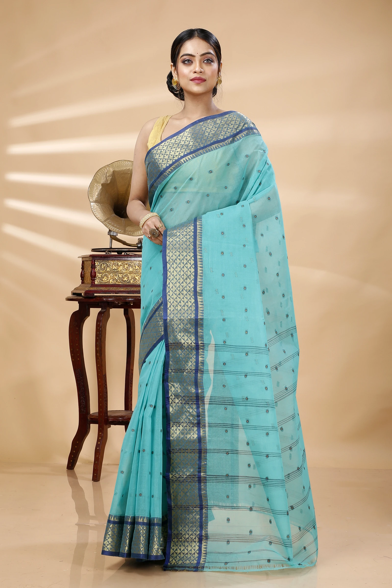 See Green Pure Cotton Peral Tant Saree (1386)
