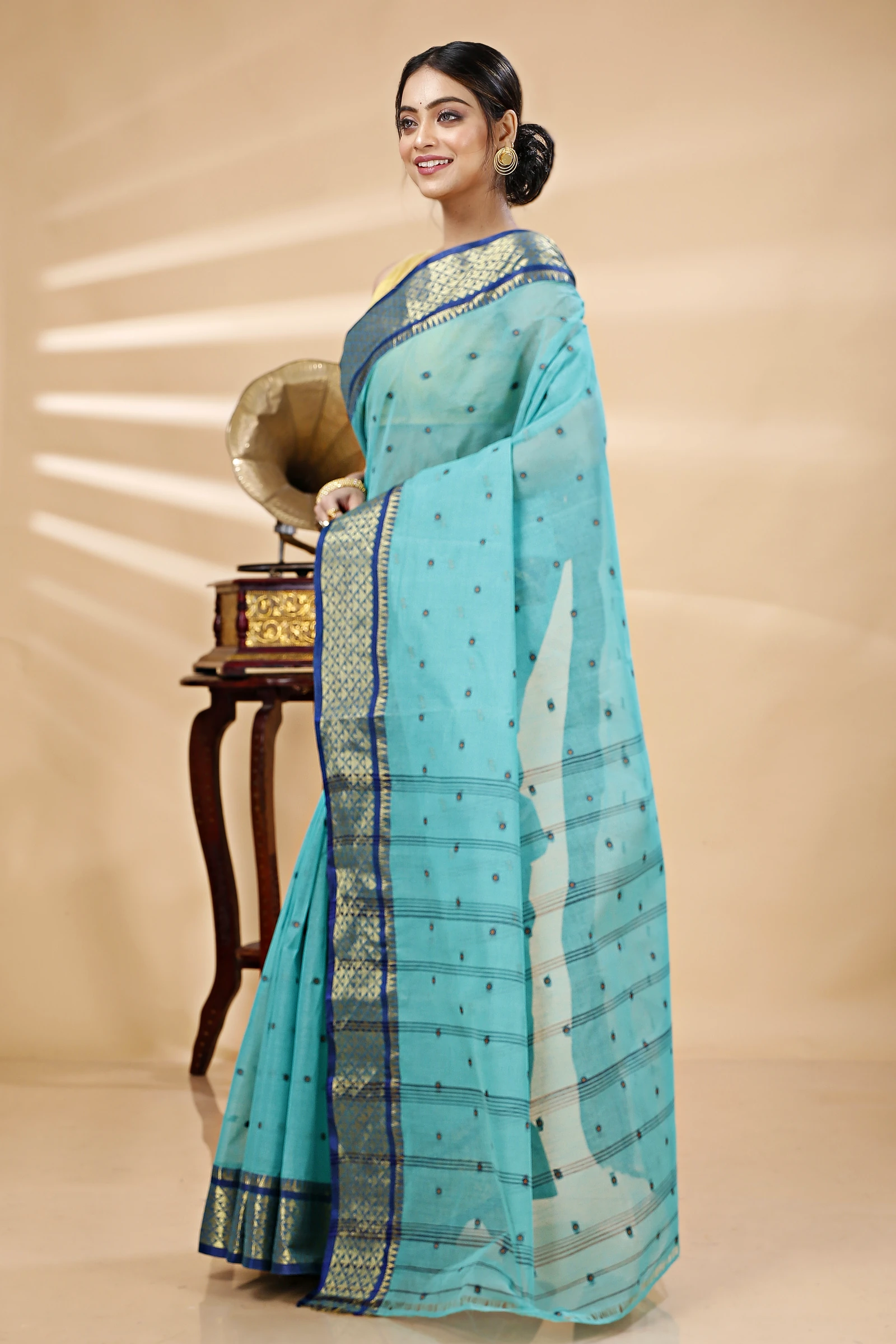 See Green Pure Cotton Peral Tant Saree (1386)