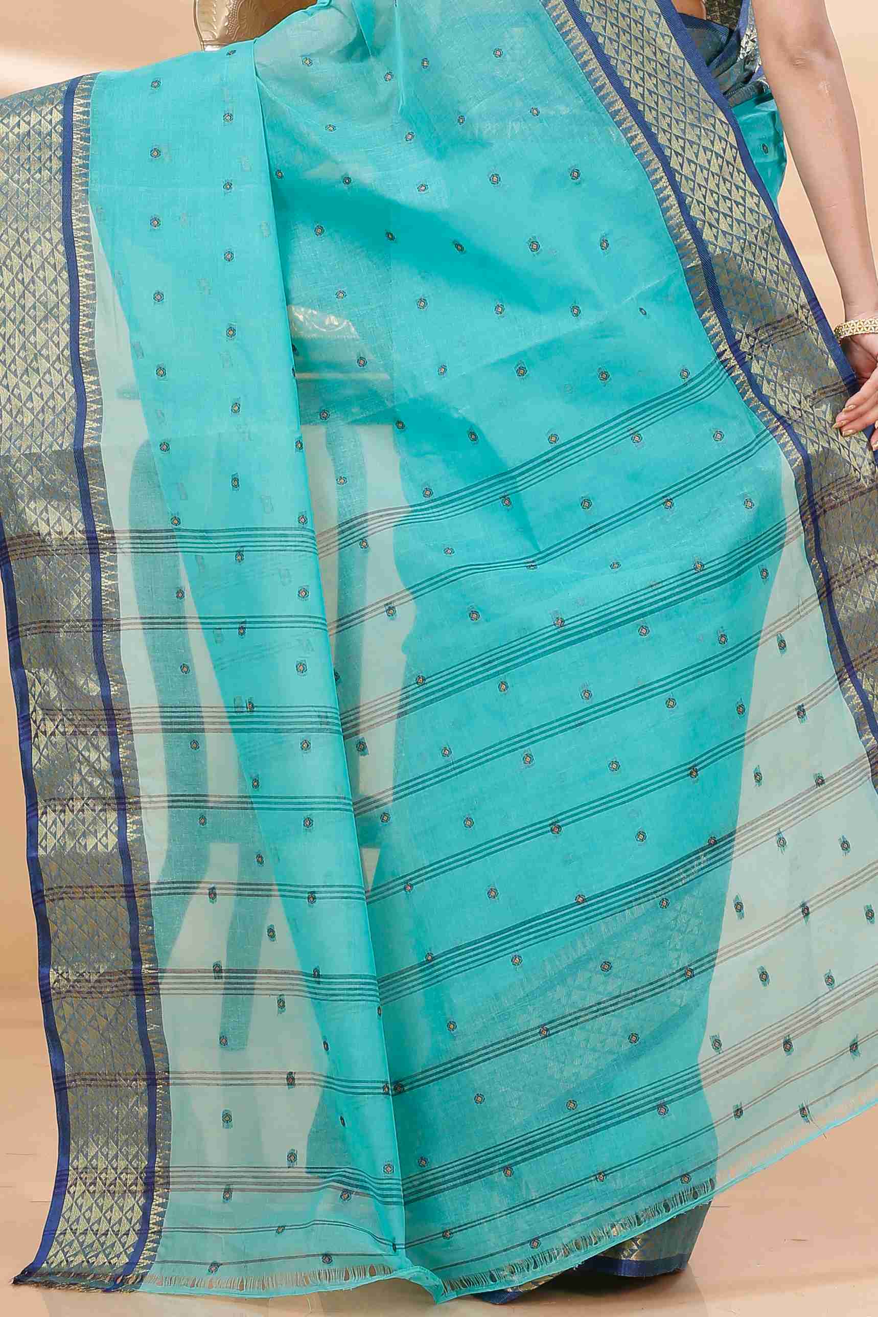 See Green Pure Cotton Peral Tant Saree (1386)