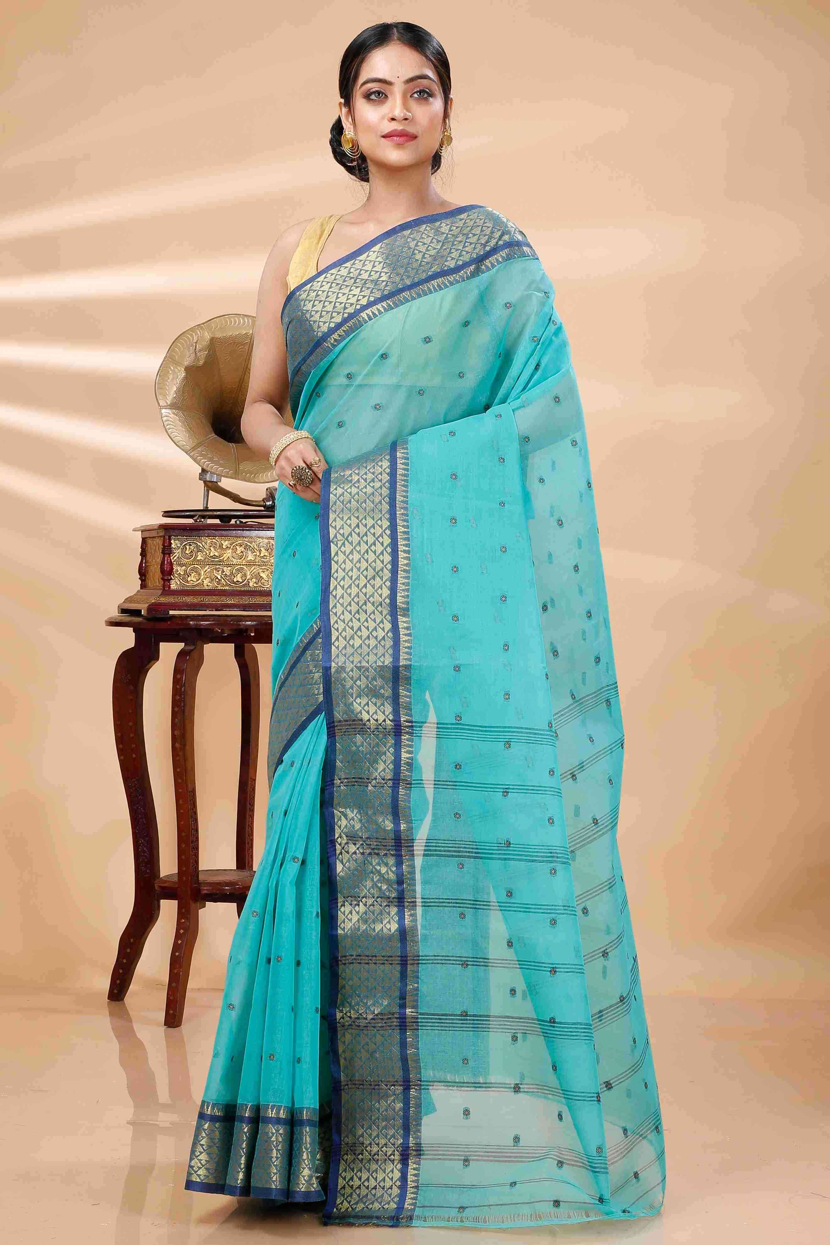 See Green Pure Cotton Peral Tant Saree (1386)
