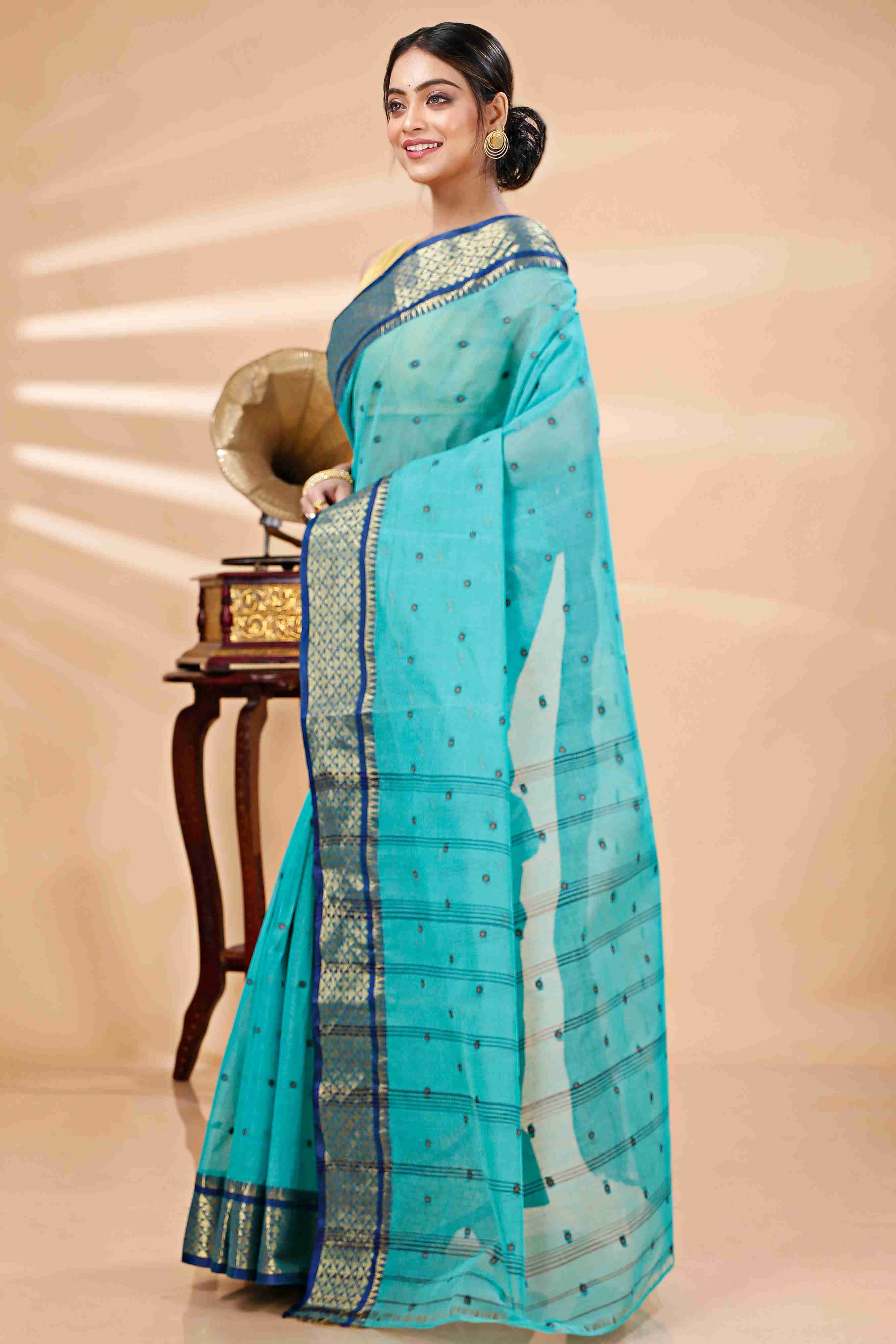 See Green Pure Cotton Peral Tant Saree (1386)