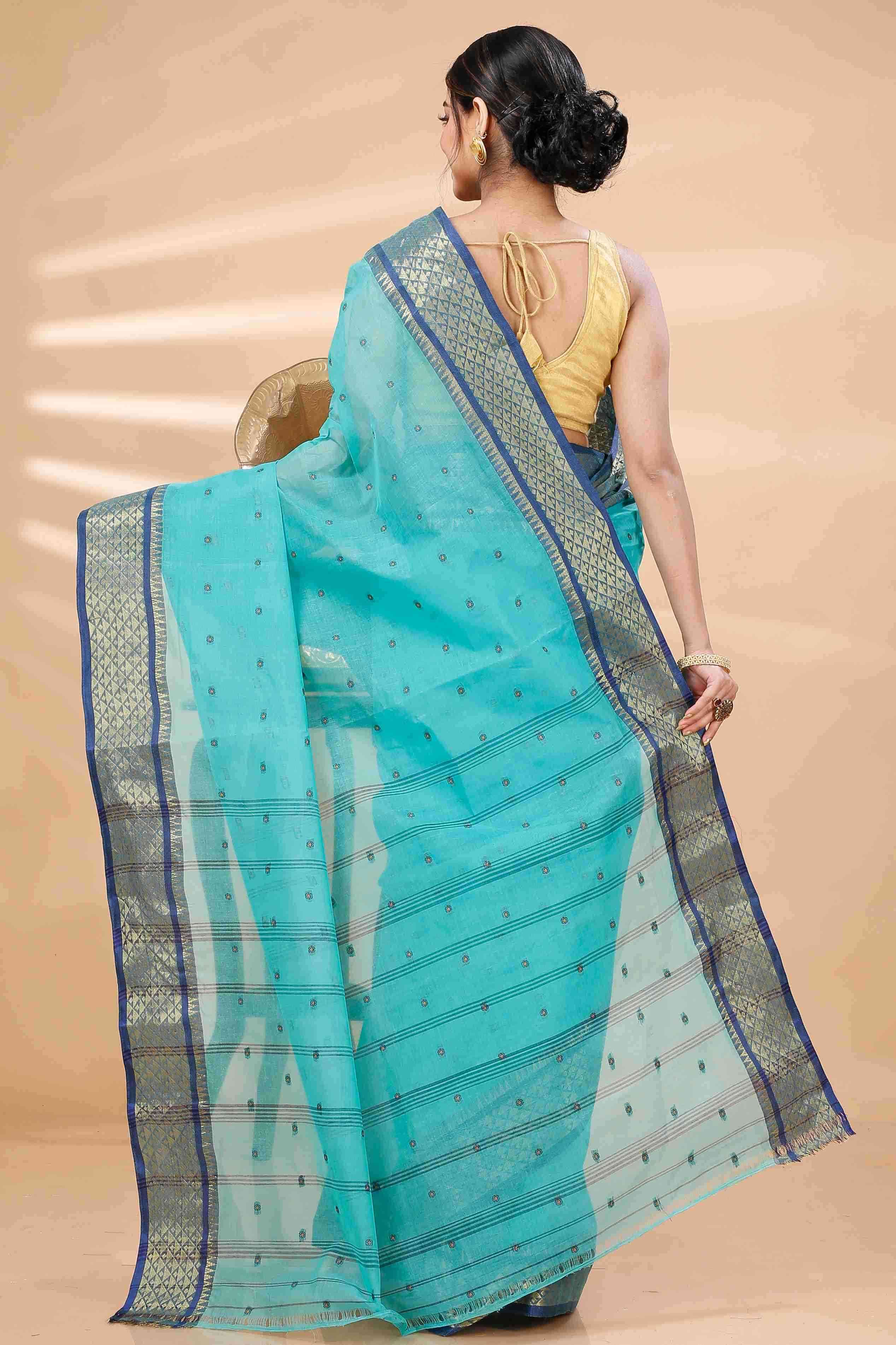 See Green Pure Cotton Peral Tant Saree (1386)