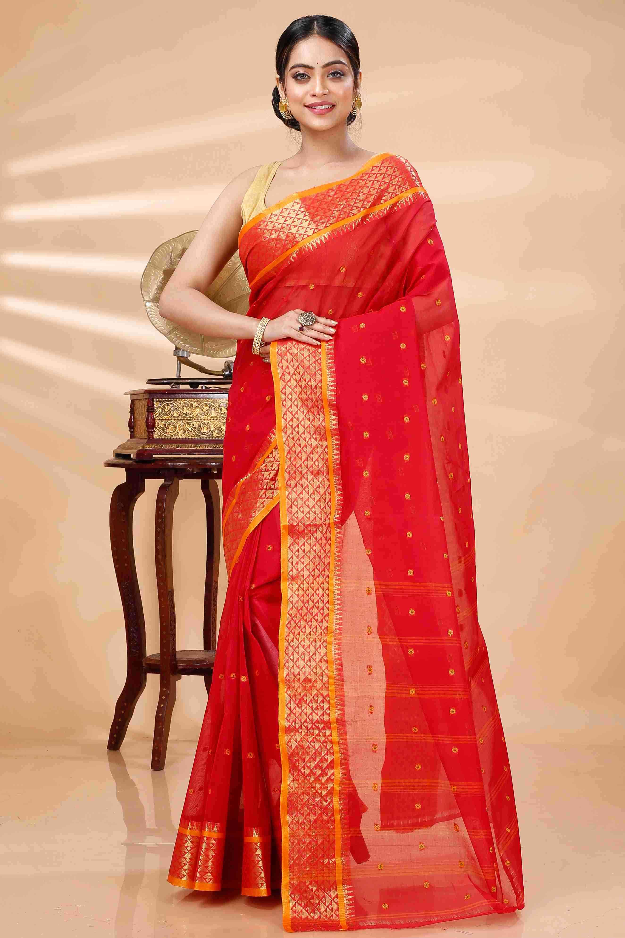 Red Pure Cotton Peral Tant Saree (1387)
