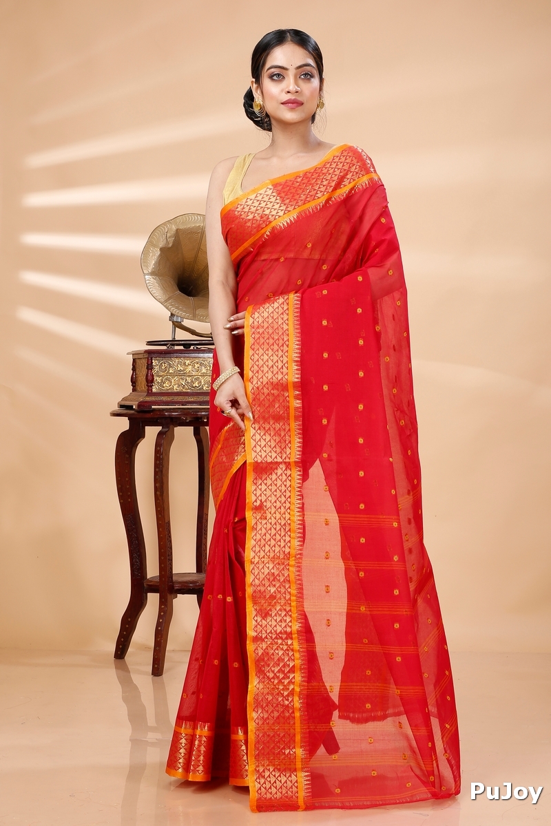Red Pure Cotton Peral Tant Saree (1387)