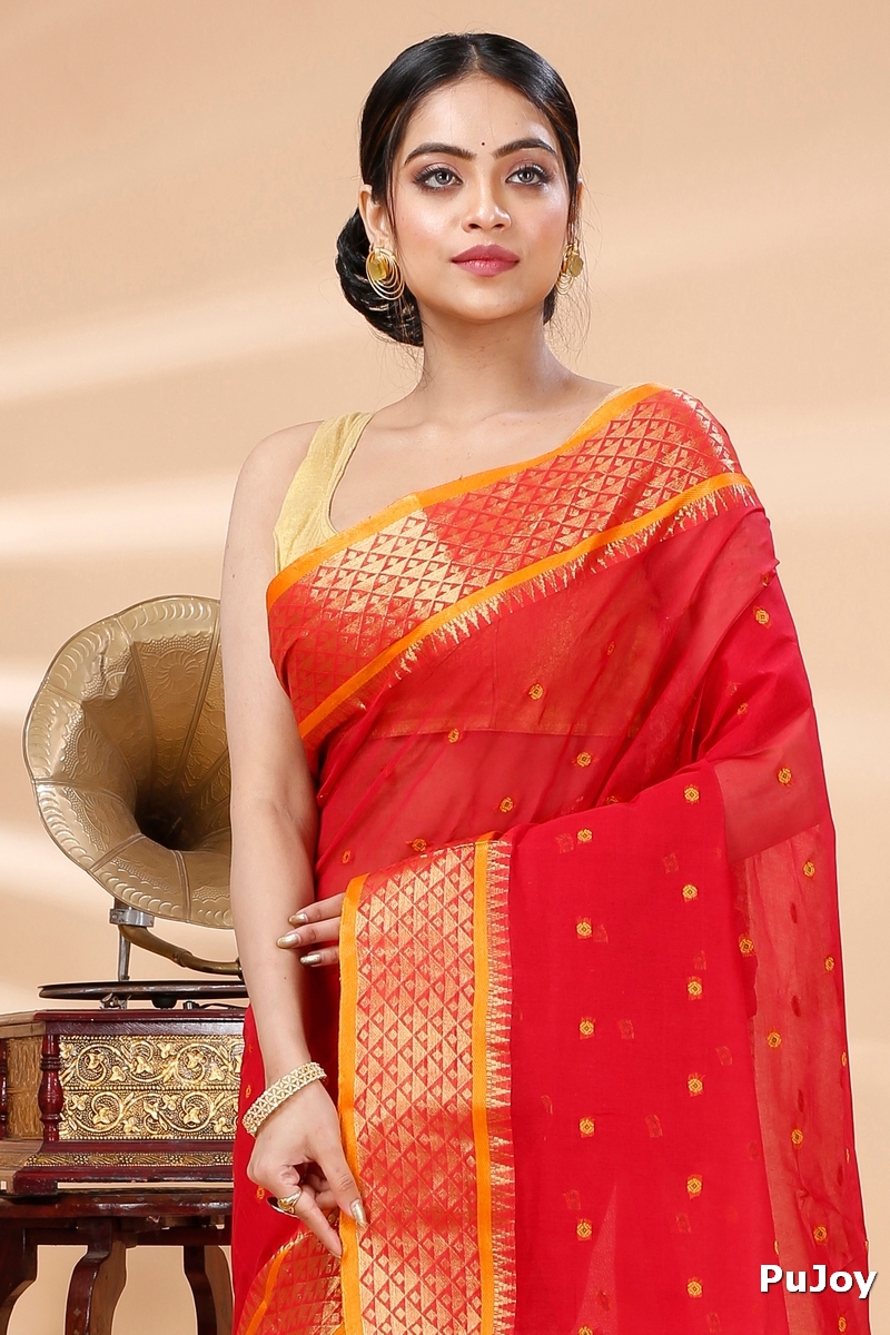 Red Pure Cotton Peral Tant Saree (1387)