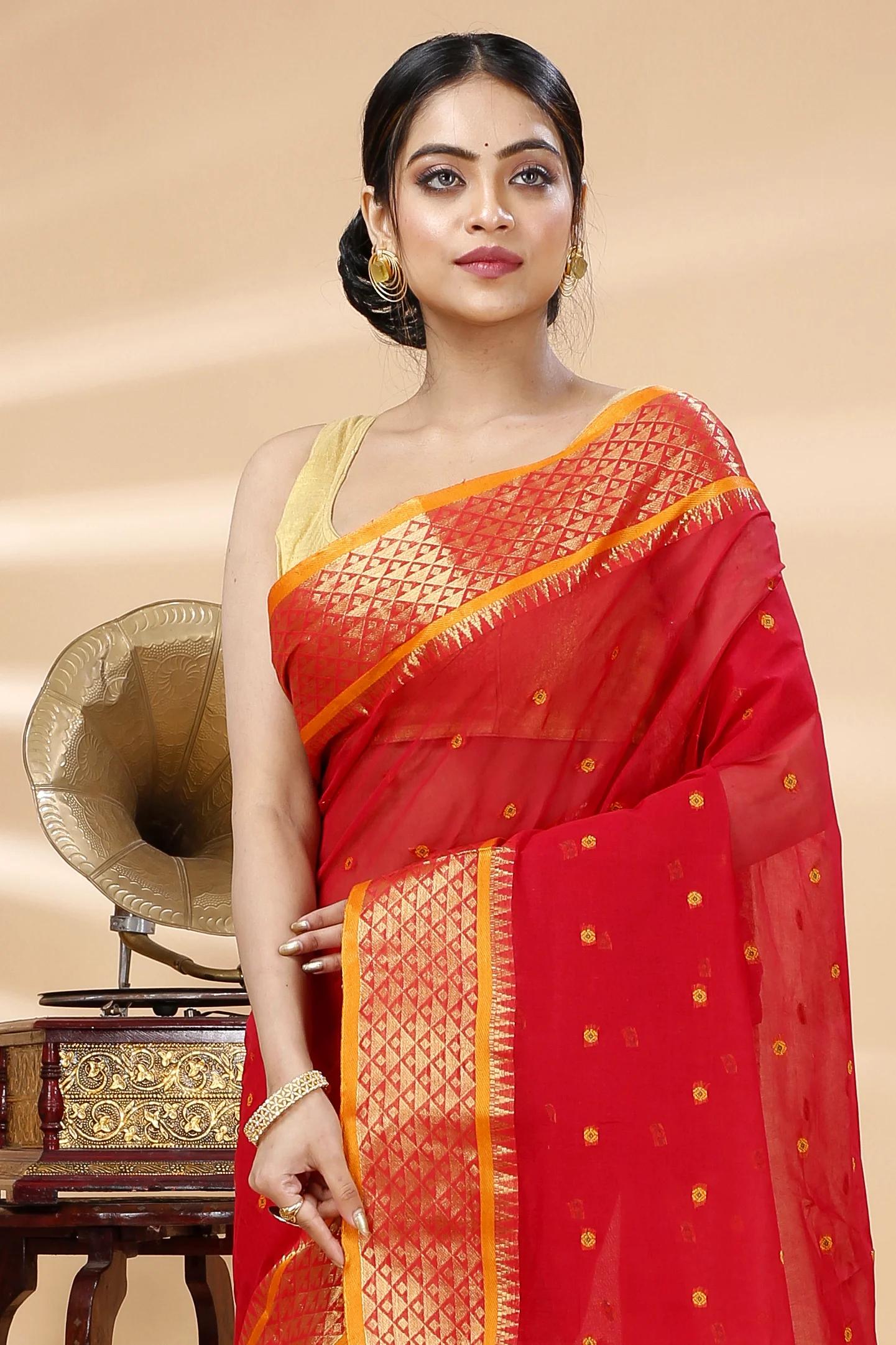 Red Pure Cotton Peral Tant Saree (1387)