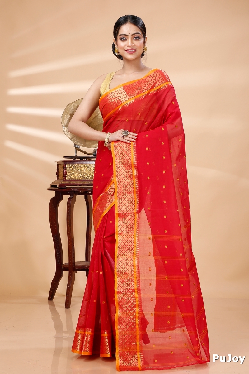 Red Pure Cotton Peral Tant Saree (1387)