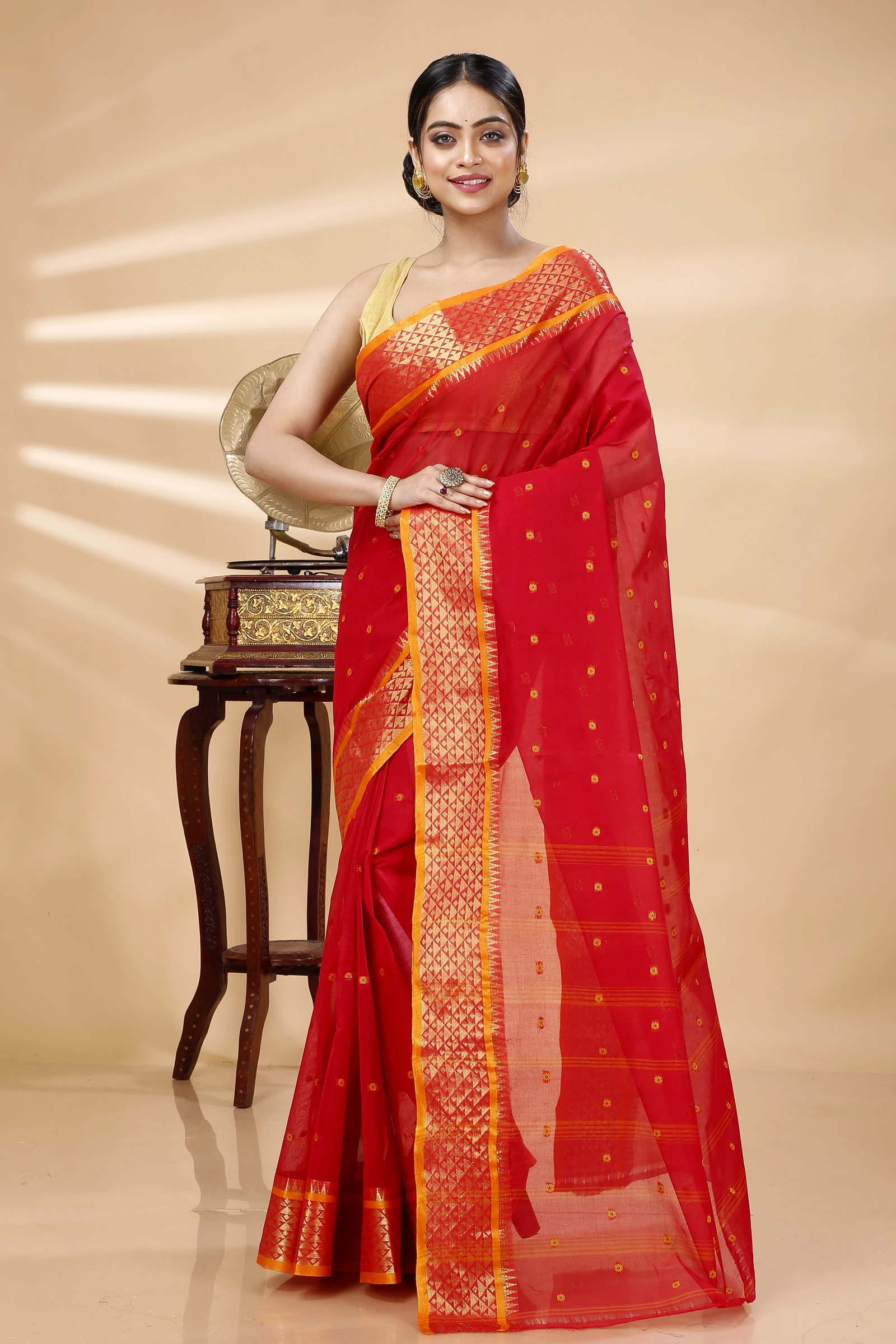 Red Pure Cotton Peral Tant Saree (1387)