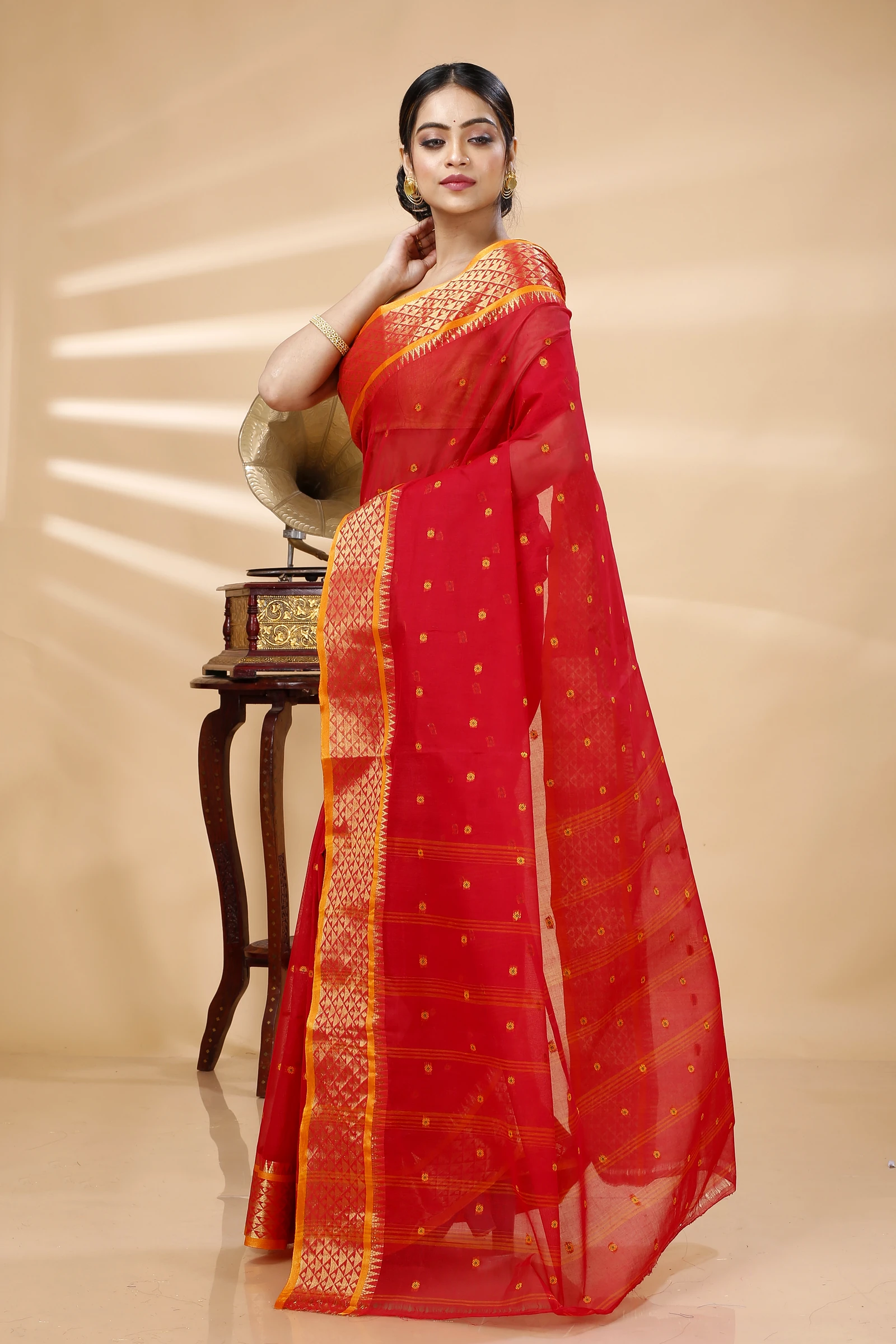 Red Pure Cotton Peral Tant Saree (1387)
