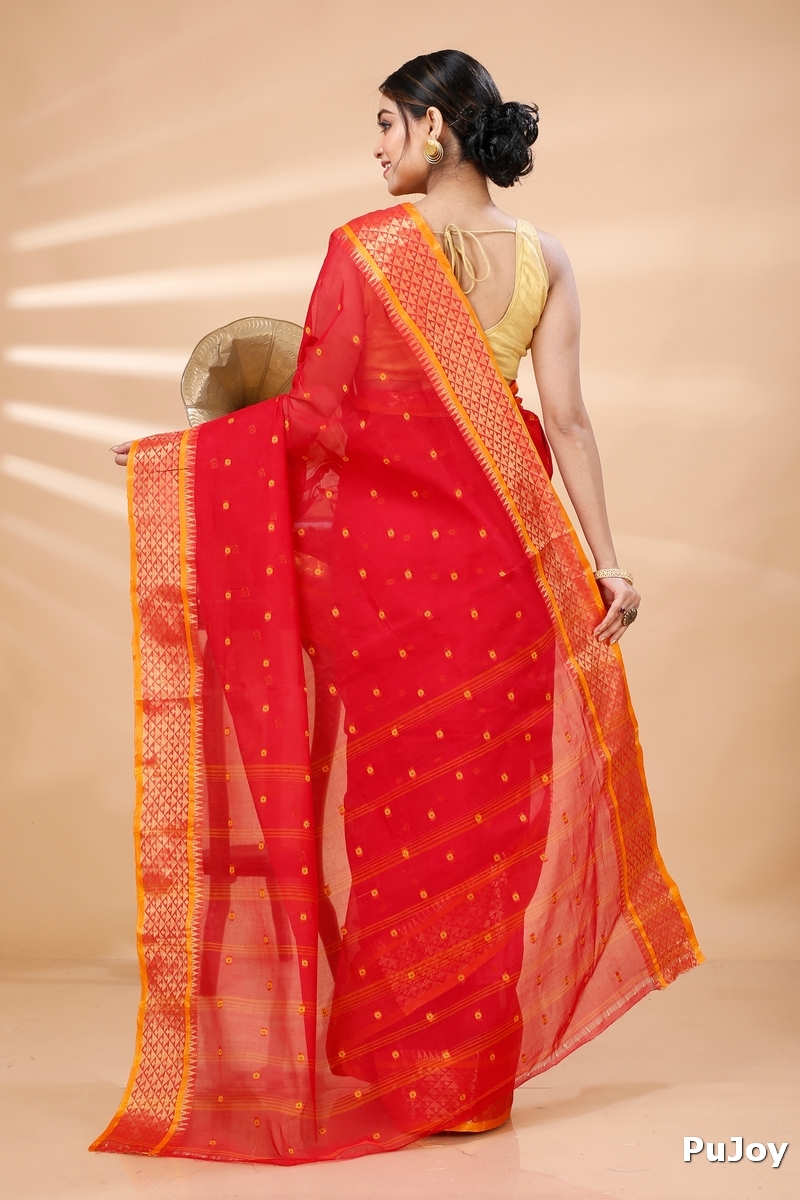 Red Pure Cotton Peral Tant Saree (1387)