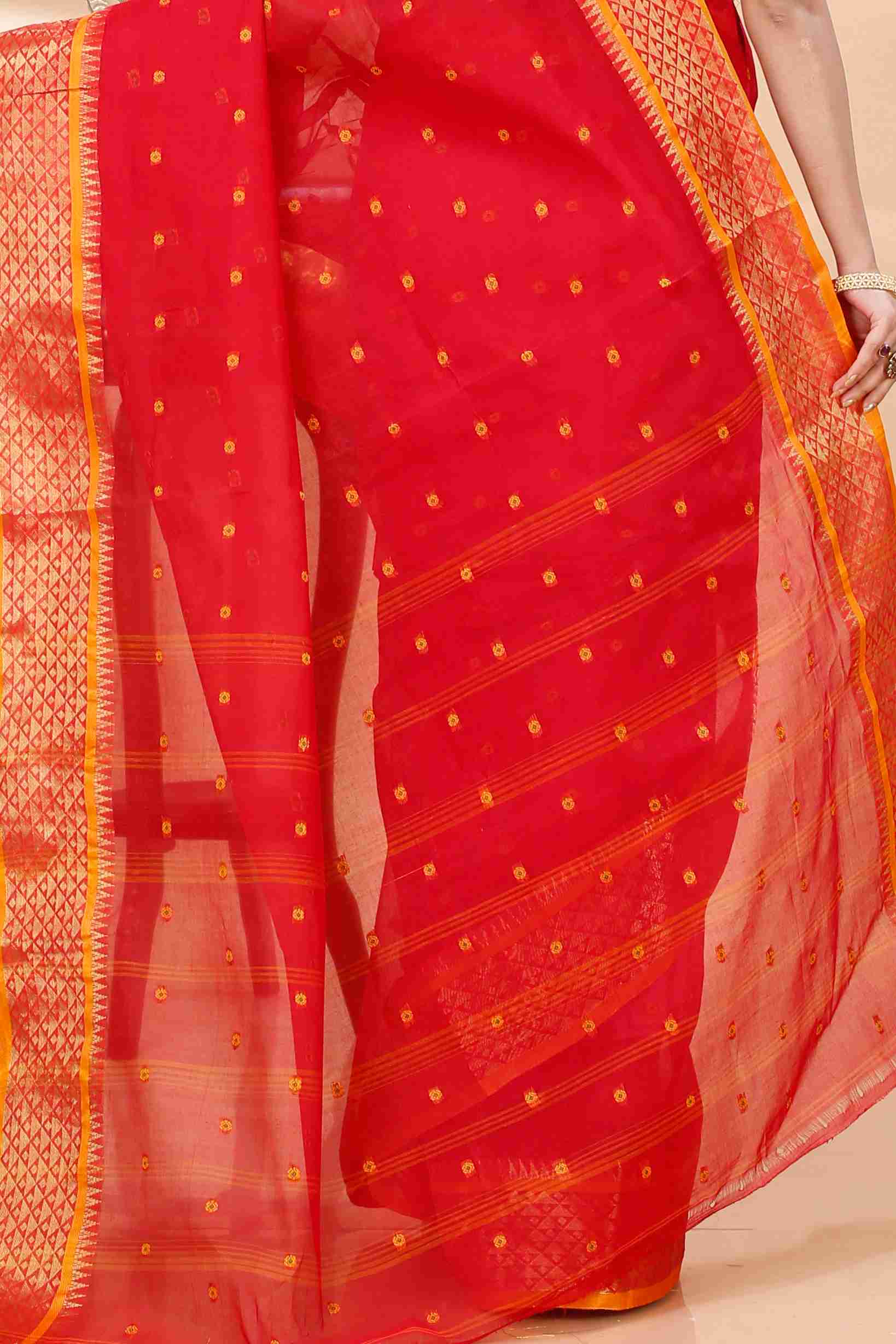 Red Pure Cotton Peral Tant Saree (1387)