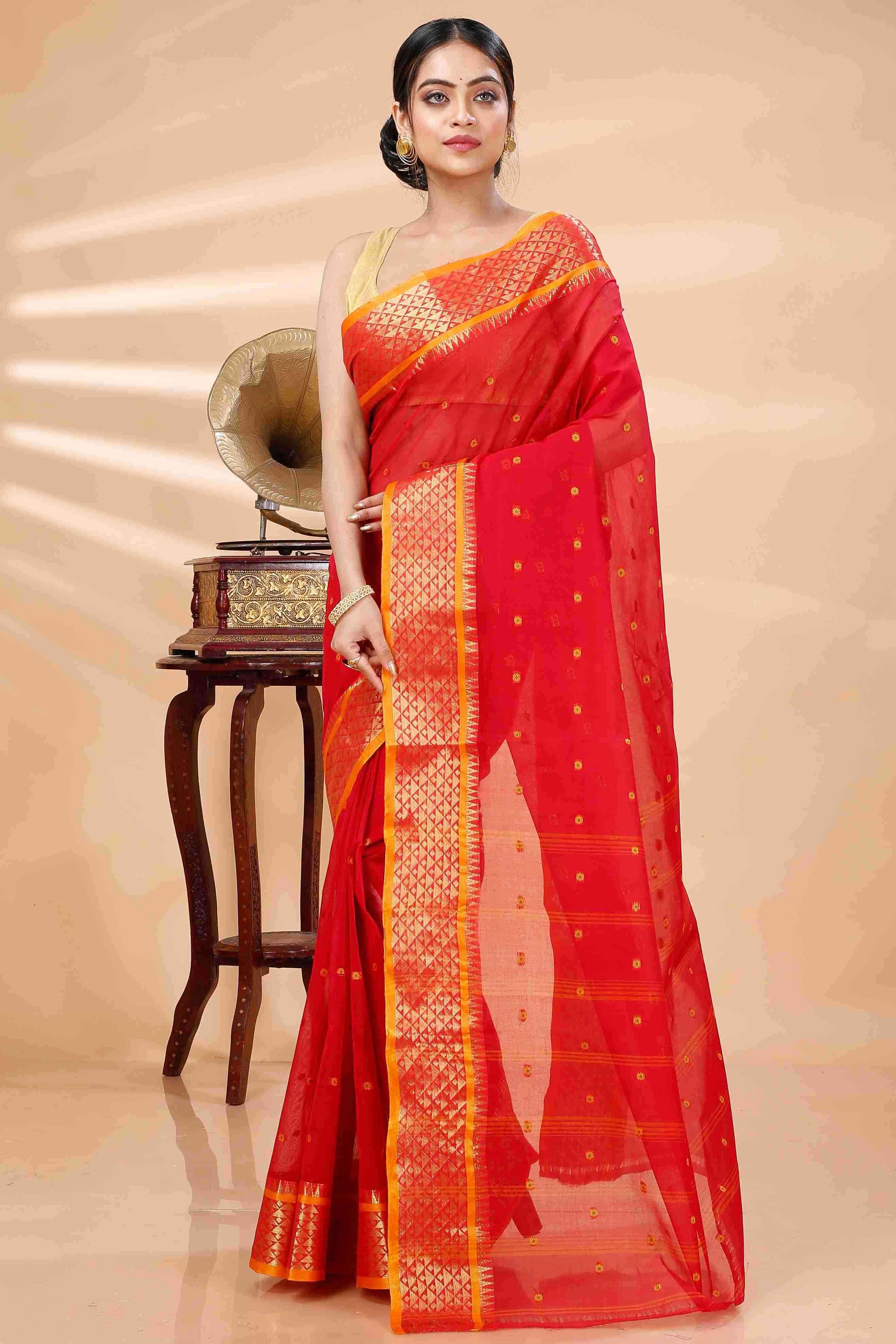 Red Pure Cotton Peral Tant Saree (1387)