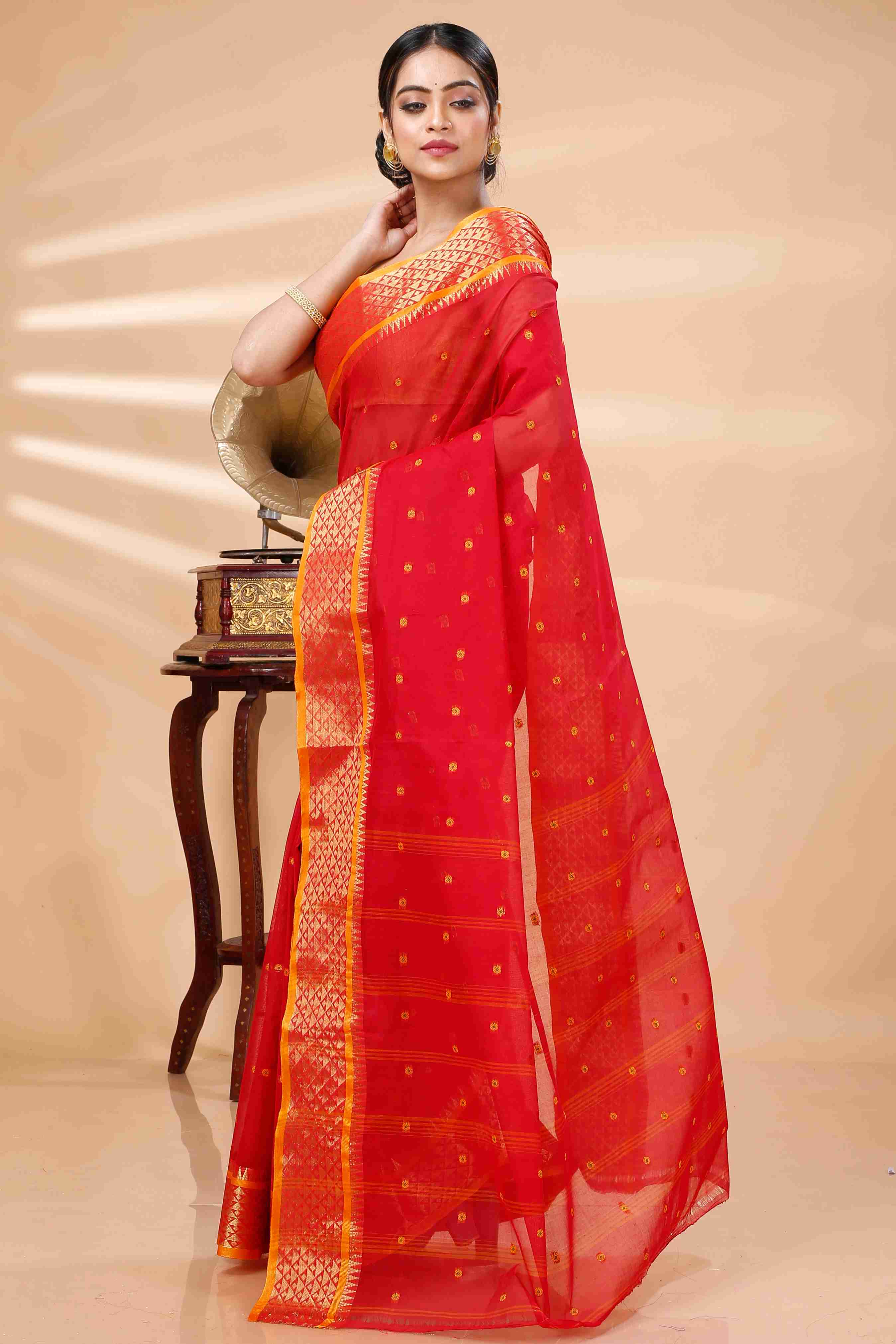 Red Pure Cotton Peral Tant Saree (1387)