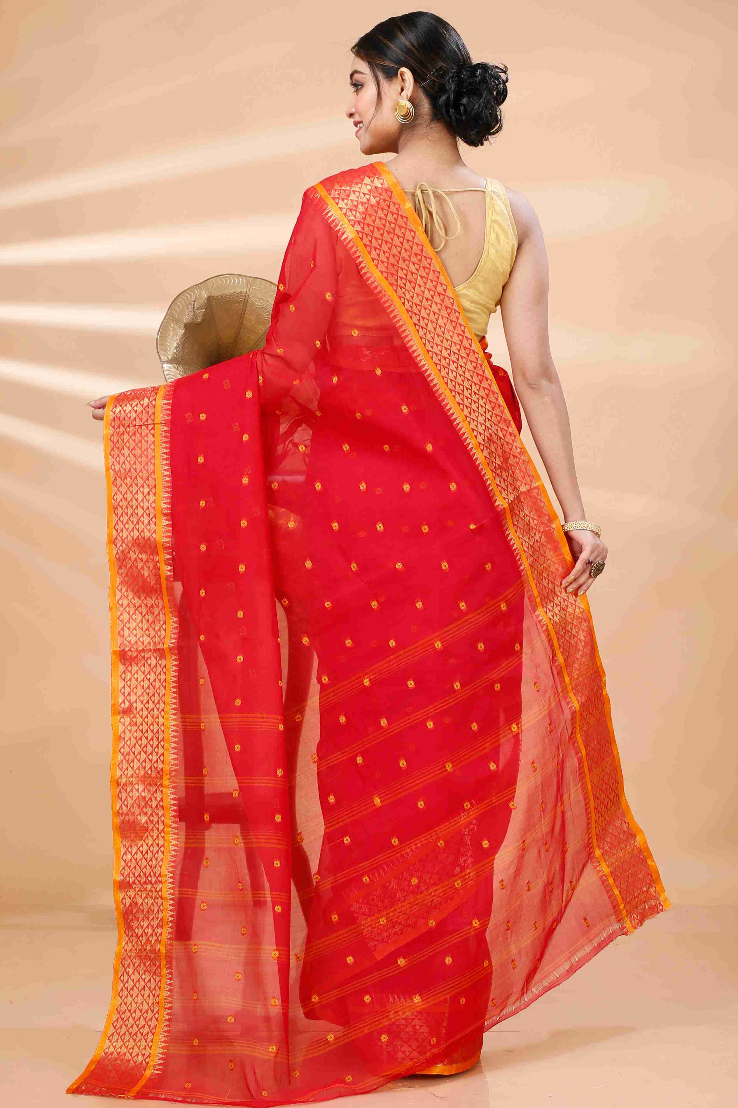Red Pure Cotton Peral Tant Saree (1387)