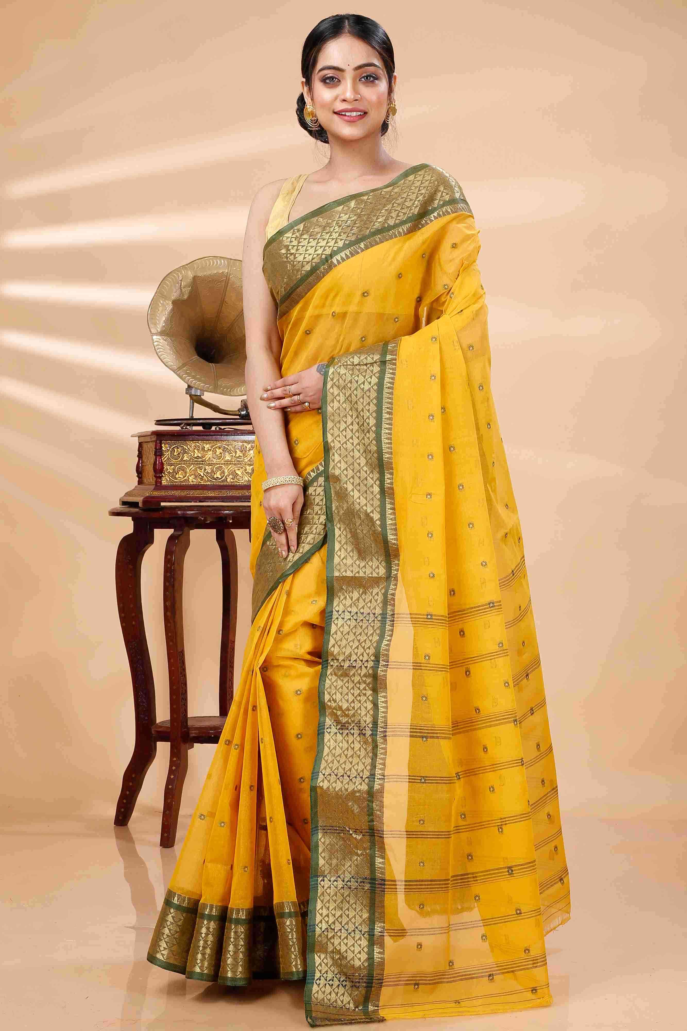 Yellow Pure Cotton Peral Tant Saree (1388)
