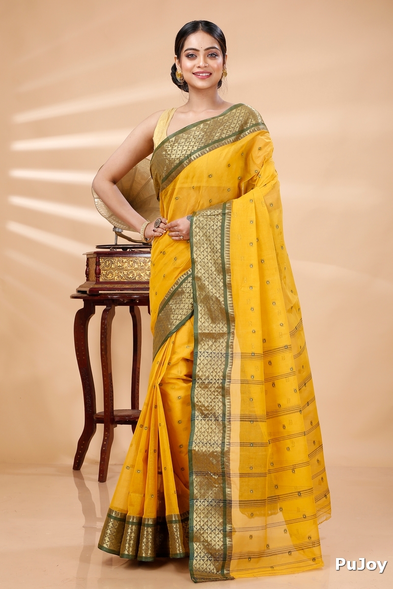 Yellow Pure Cotton Peral Tant Saree (1388)