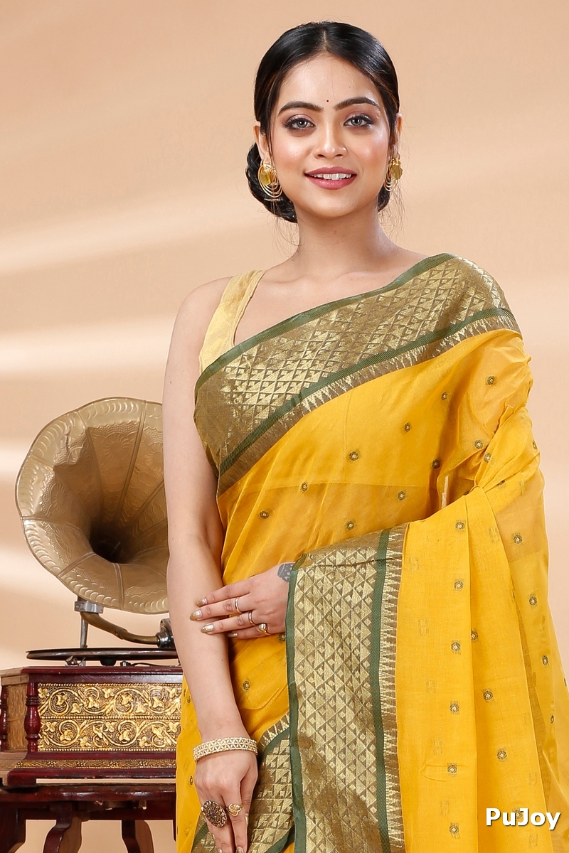 Yellow Pure Cotton Peral Tant Saree (1388)