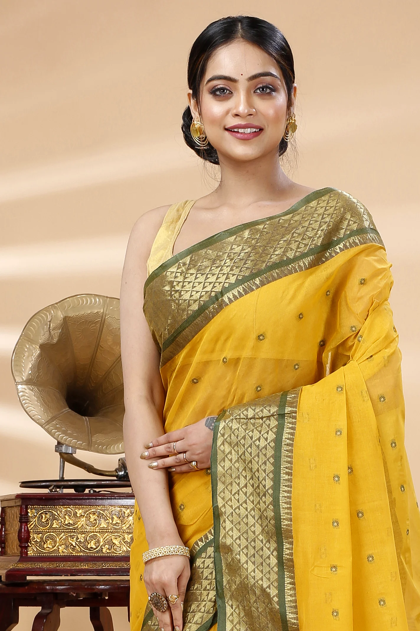 Yellow Pure Cotton Peral Tant Saree (1388)