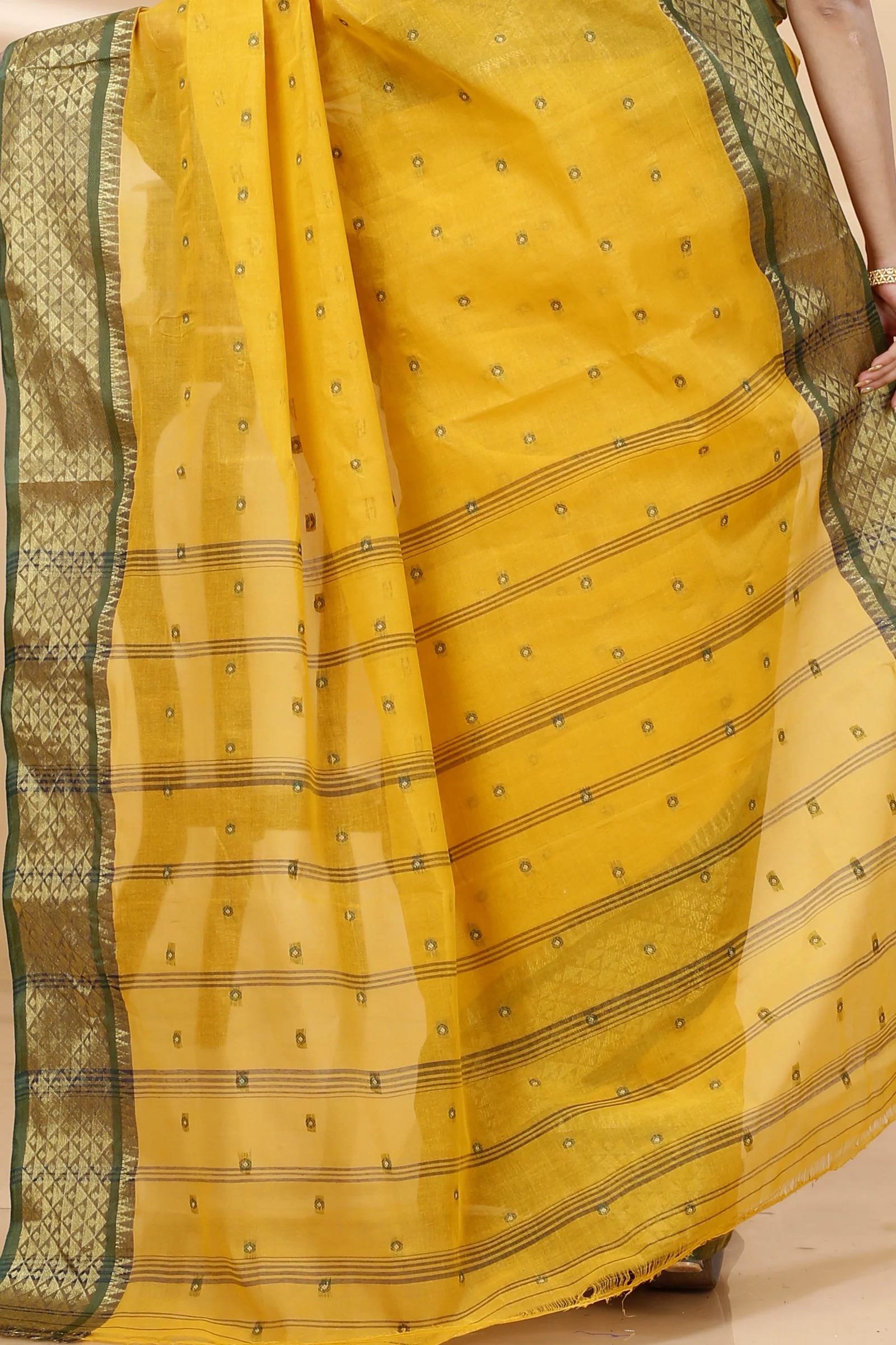Yellow Pure Cotton Peral Tant Saree (1388)