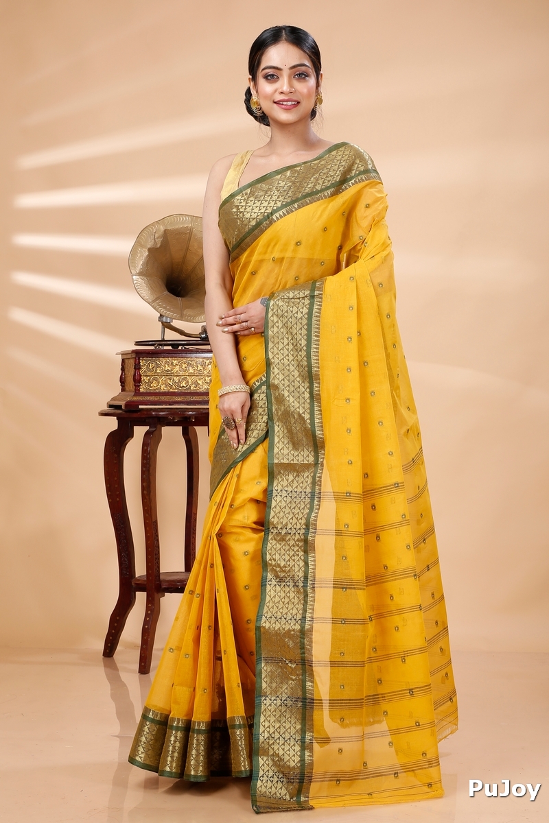 Yellow Pure Cotton Peral Tant Saree (1388)