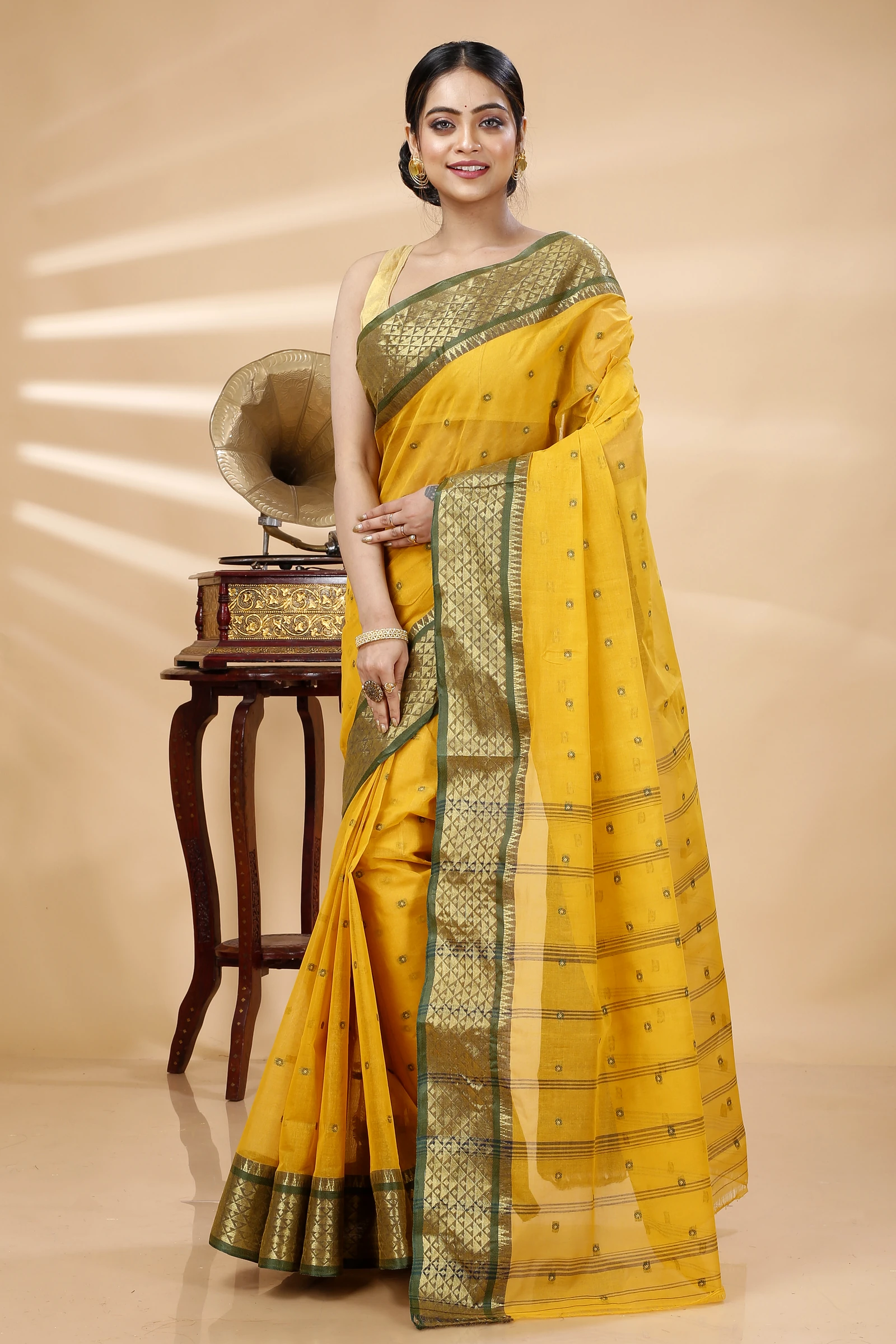 Yellow Pure Cotton Peral Tant Saree (1388)