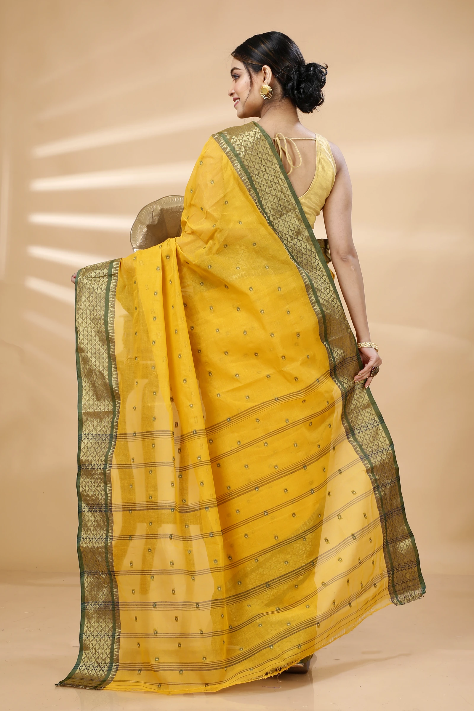 Yellow Pure Cotton Peral Tant Saree (1388)