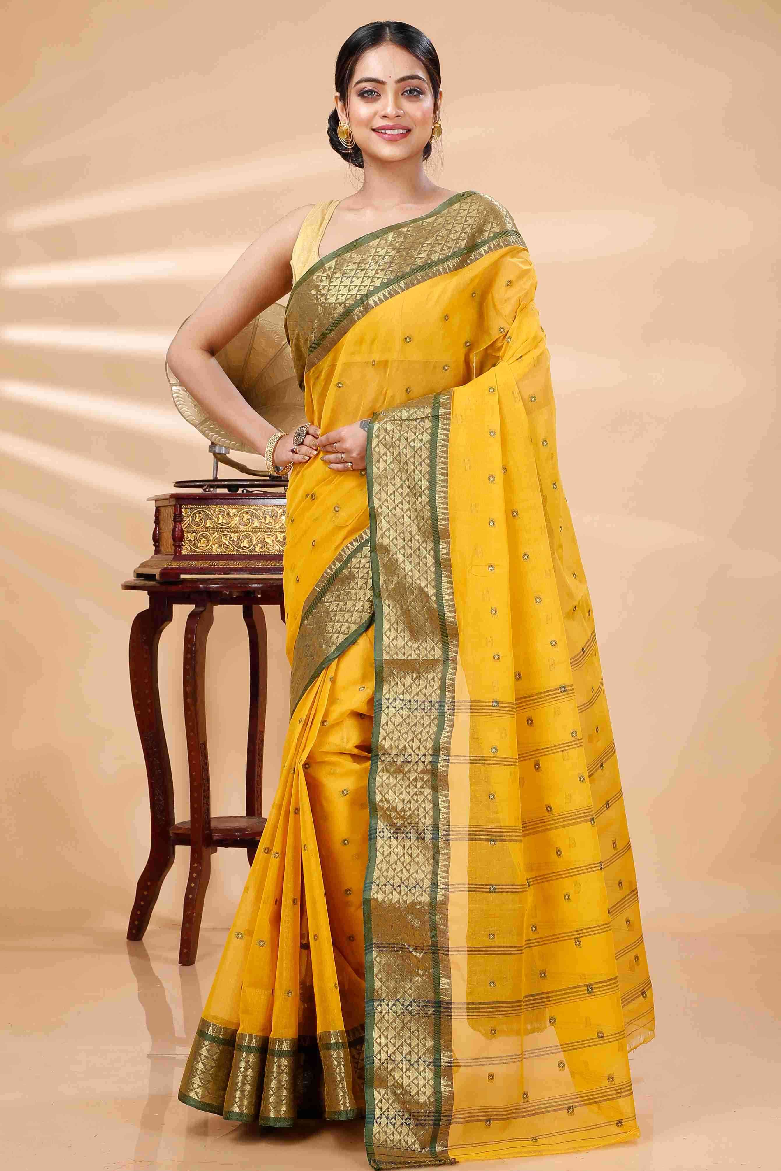 Yellow Pure Cotton Peral Tant Saree (1388)