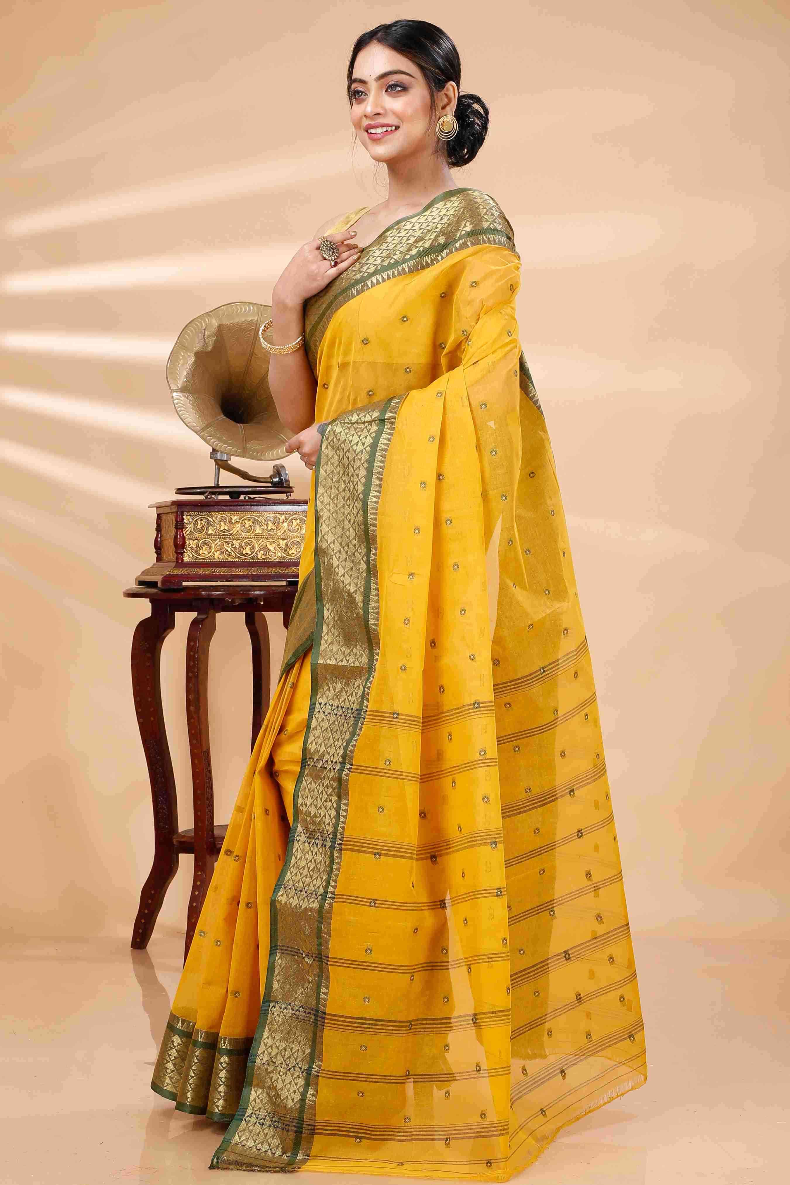 Yellow Pure Cotton Peral Tant Saree (1388)