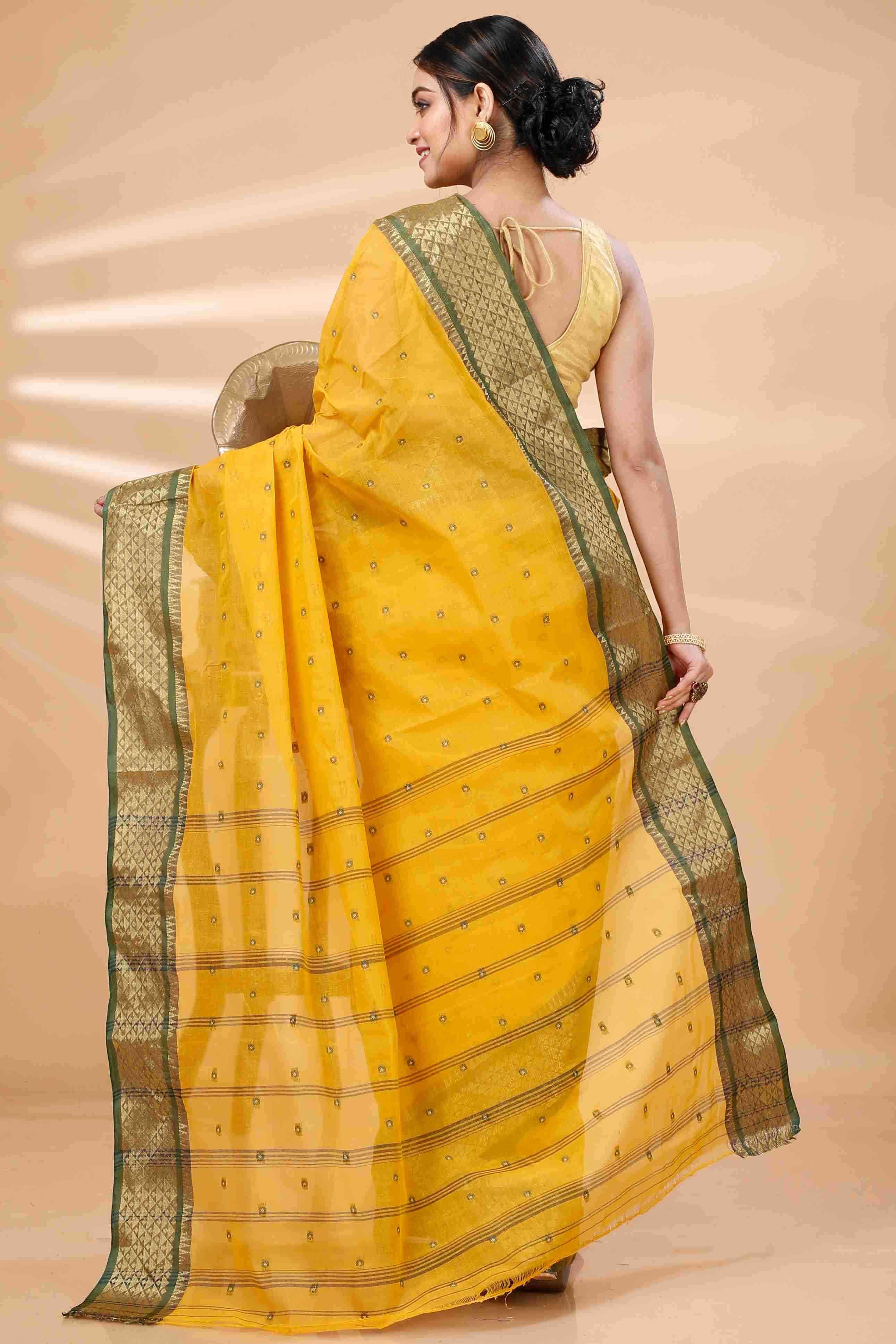 Yellow Pure Cotton Peral Tant Saree (1388)