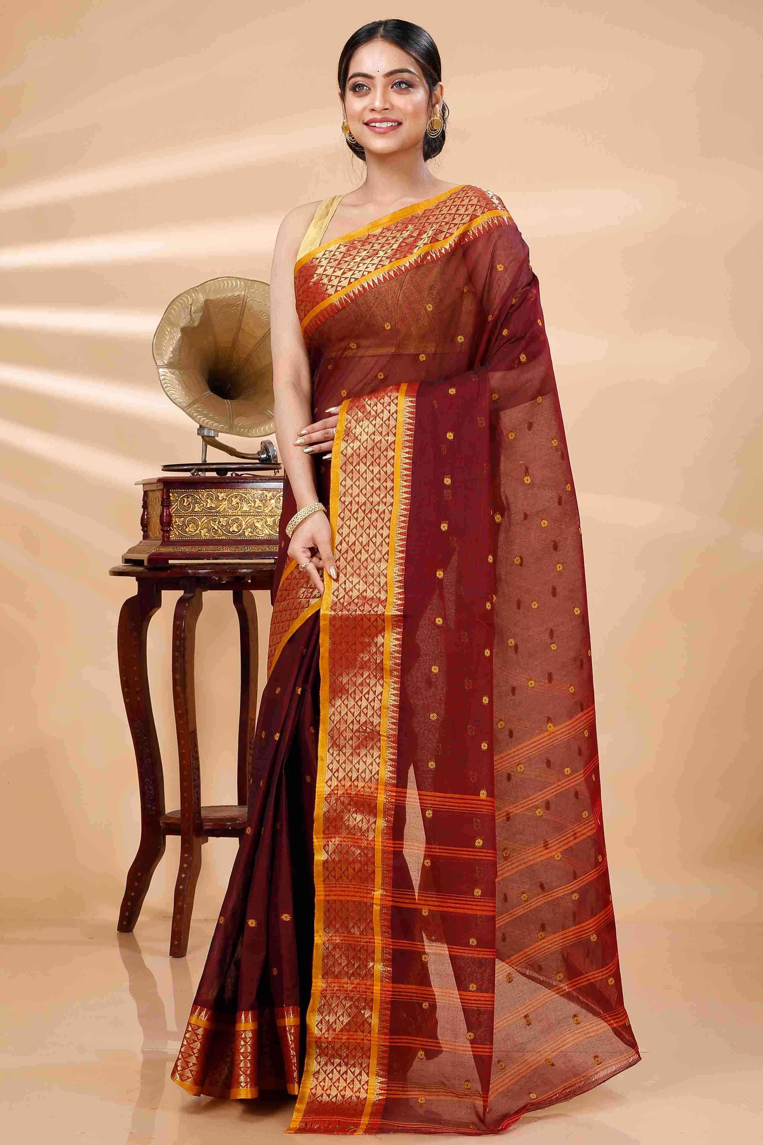 Brown Pure Cotton Peral Tant Saree (1390)
