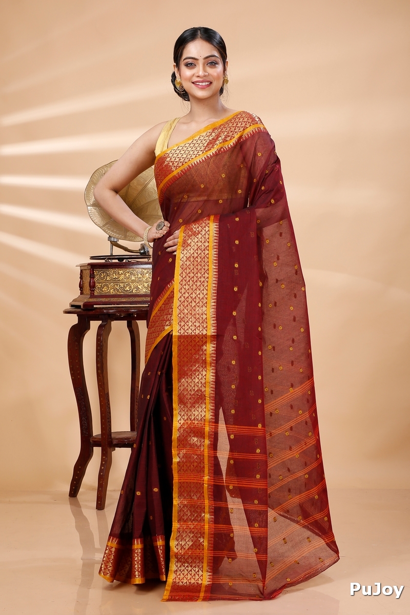 Brown Pure Cotton Peral Tant Saree (1390)