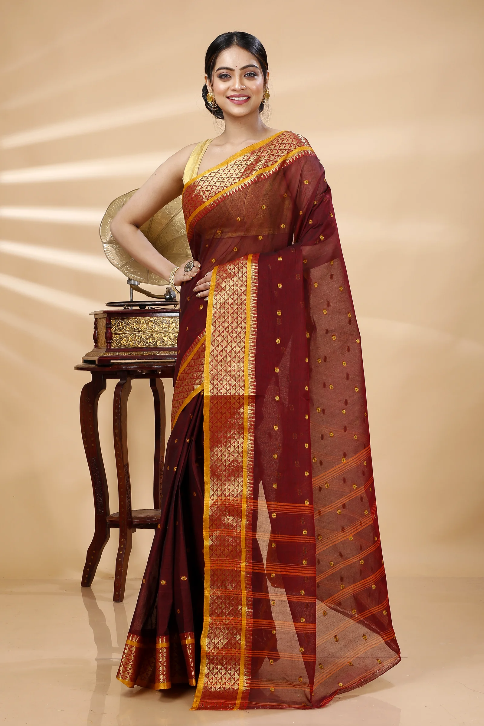 Brown Pure Cotton Peral Tant Saree (1390)
