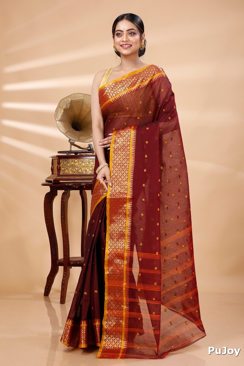 Brown Pure Cotton Peral Tant Saree (1390)