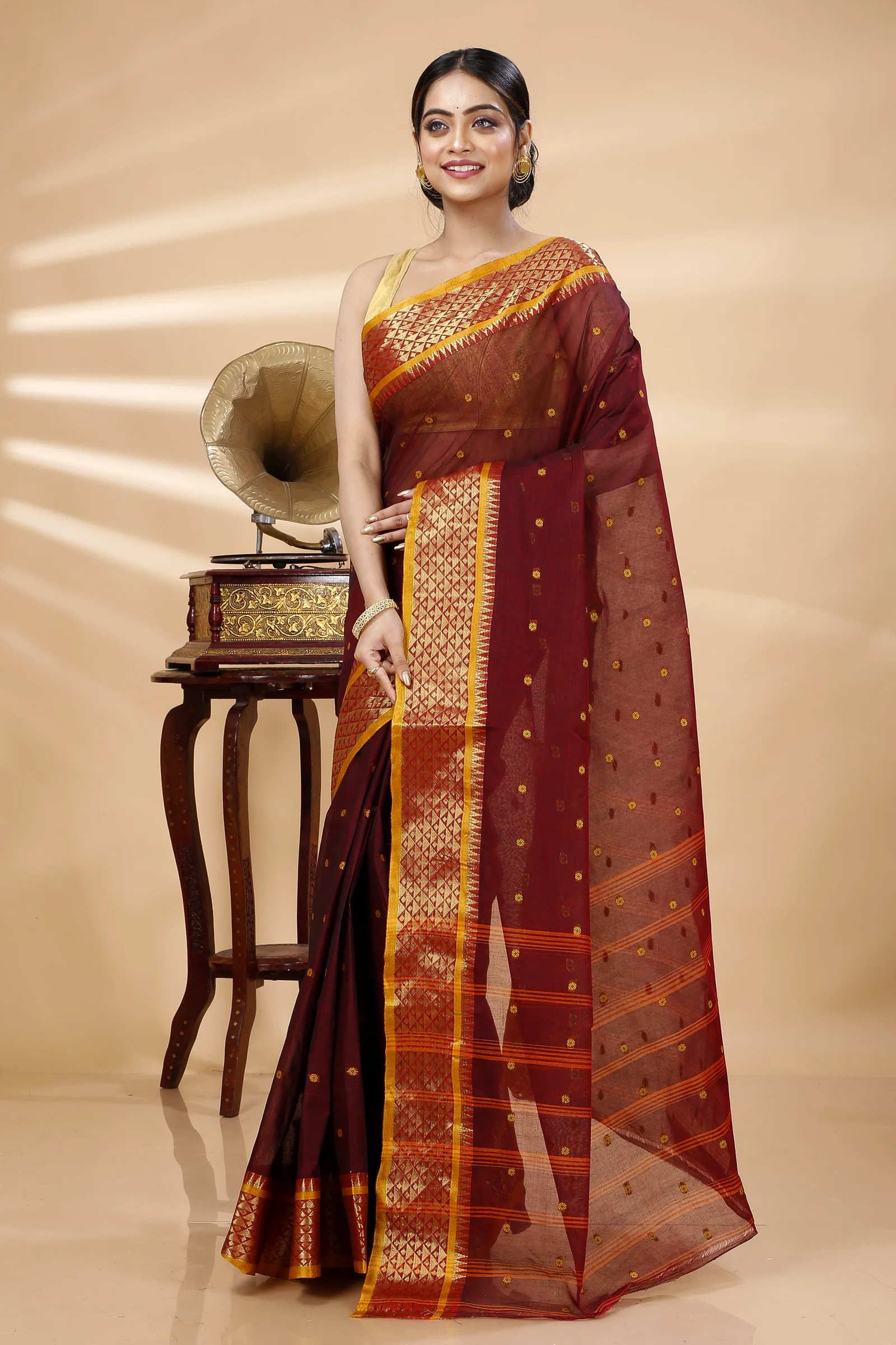 Brown Pure Cotton Peral Tant Saree (1390)