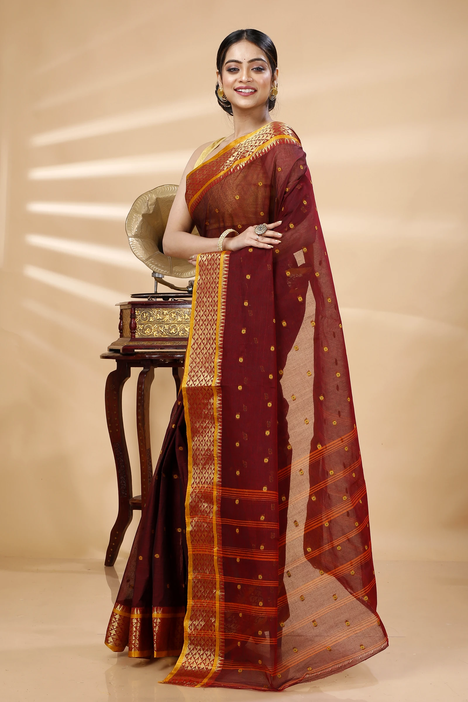 Brown Pure Cotton Peral Tant Saree (1390)