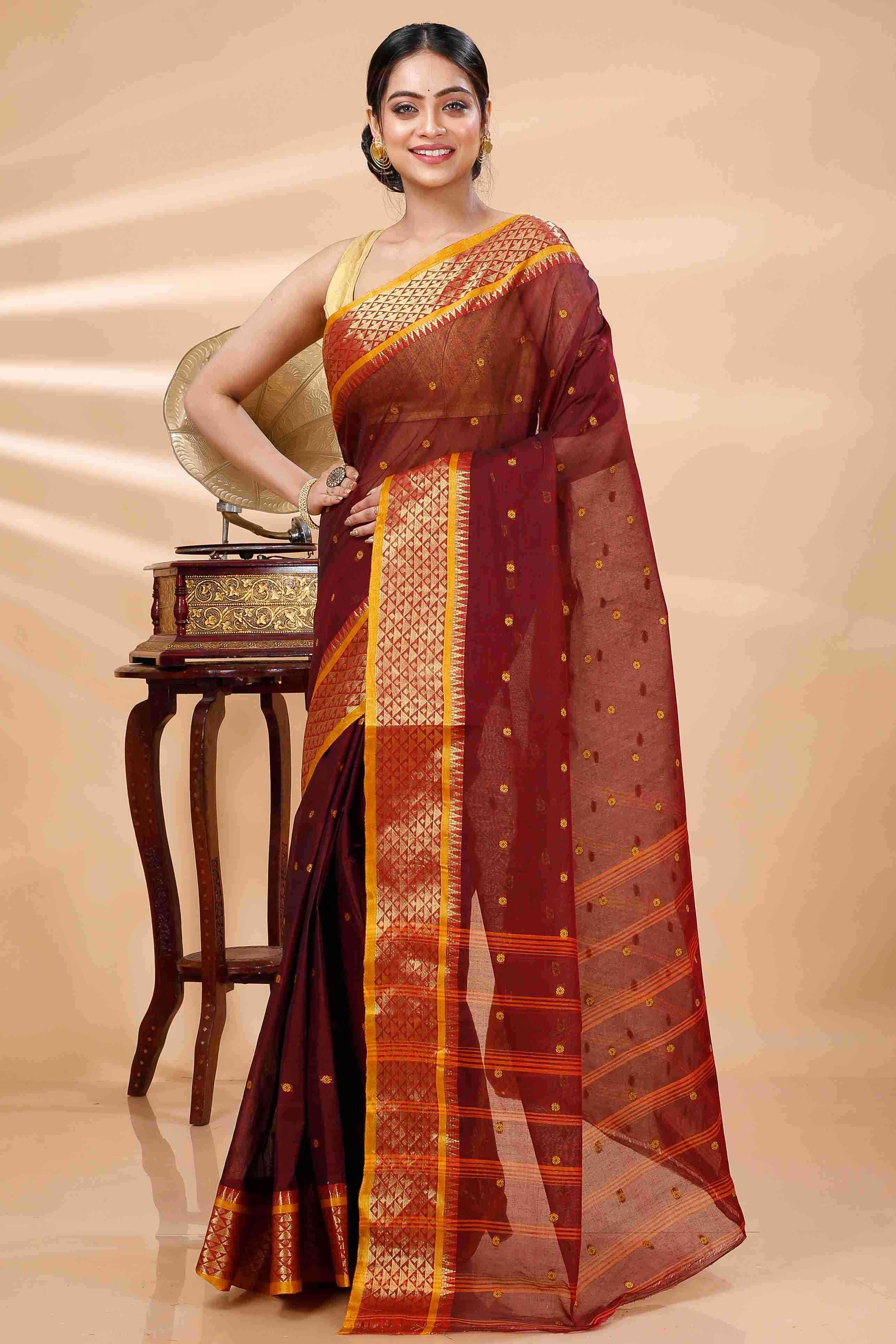 Brown Pure Cotton Peral Tant Saree (1390)