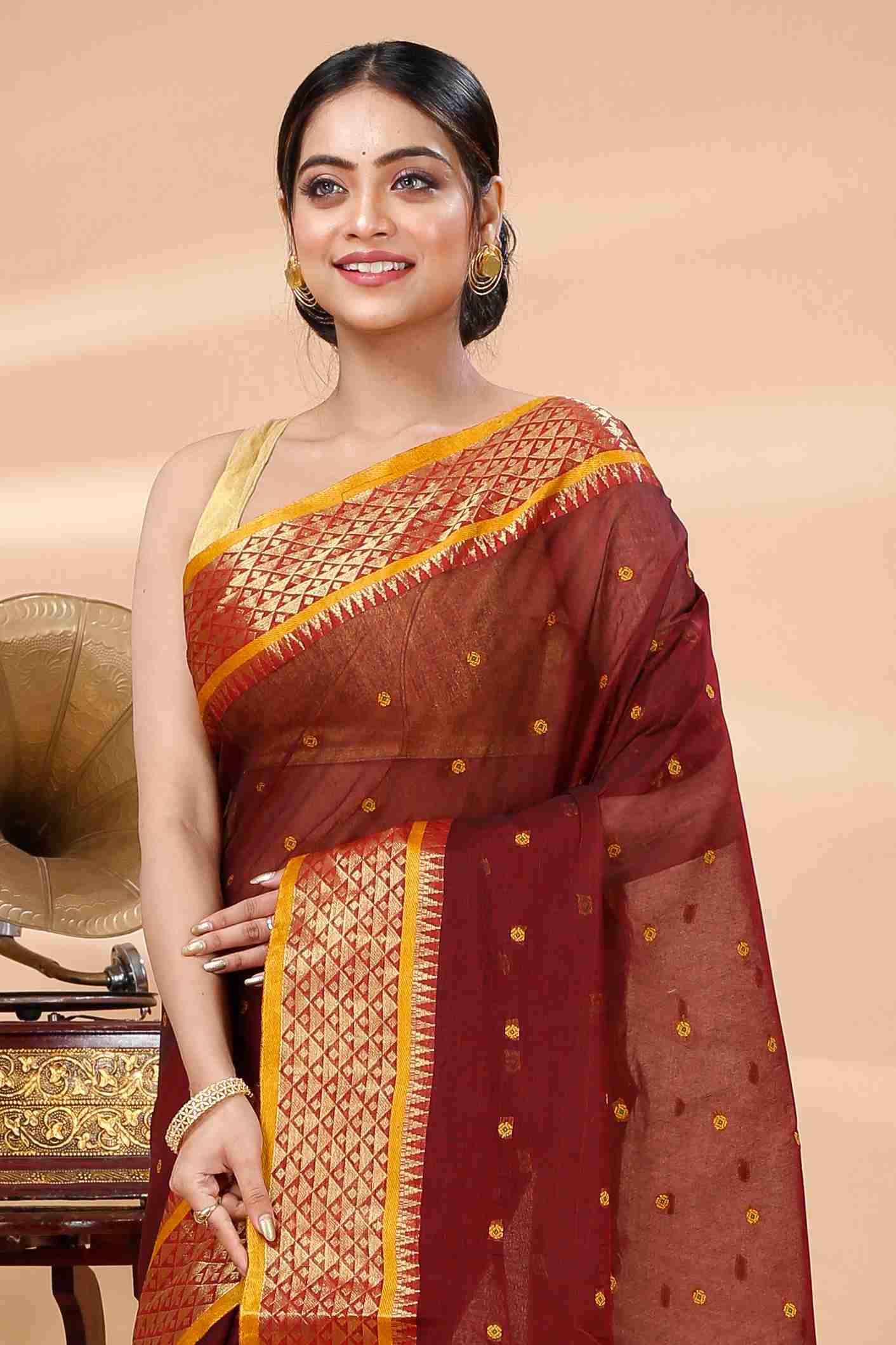 Brown Pure Cotton Peral Tant Saree (1390)