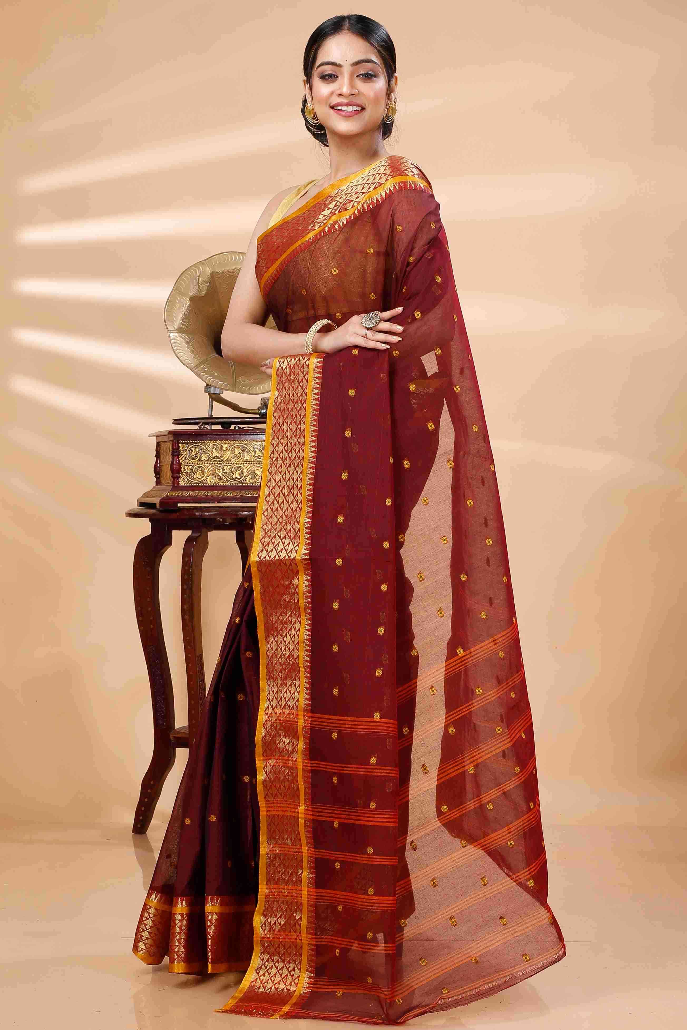 Brown Pure Cotton Peral Tant Saree (1390)
