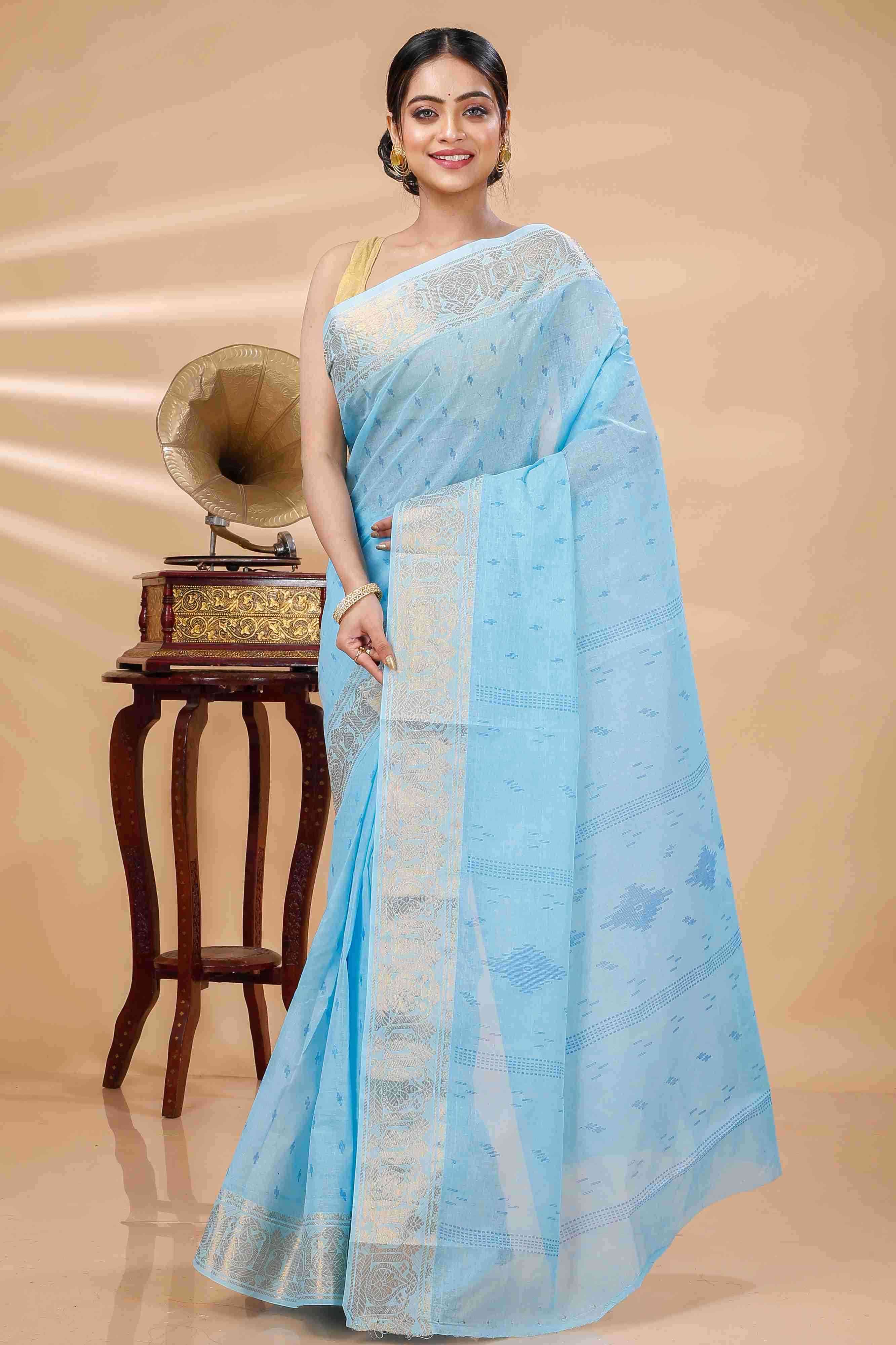 Sky Blue Pure Cotton Purvi Tant Saree Print (1391)