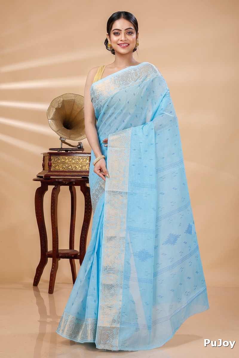 Sky Blue Pure Cotton Purvi Tant Saree Print (1391)