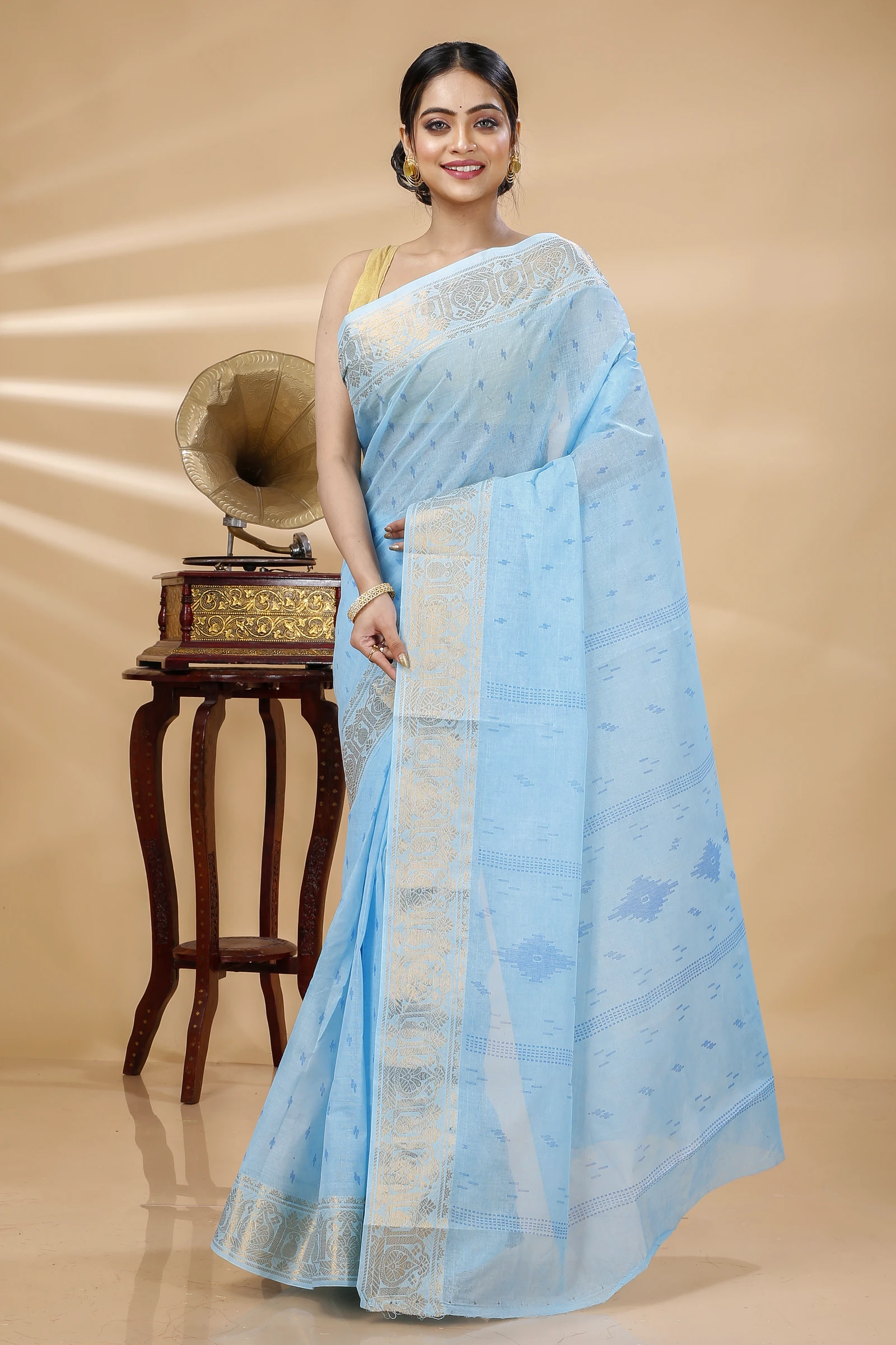 Sky Blue Pure Cotton Purvi Tant Saree Print (1391)